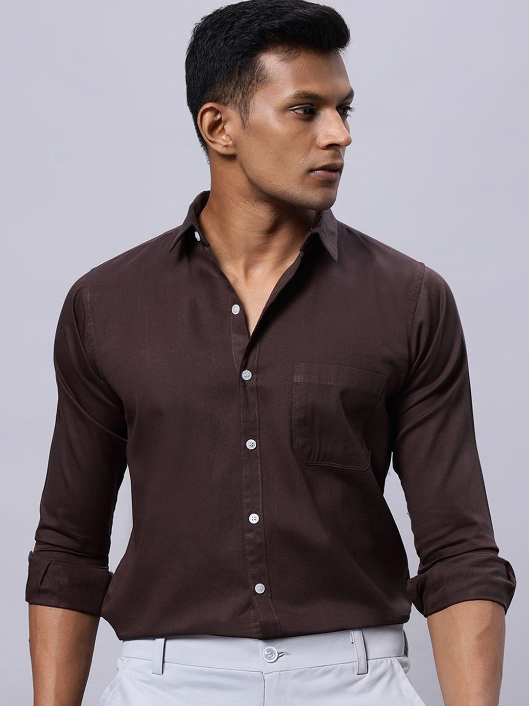 

N AND J Men Classic Spread Collar Solid Cotton Casual Shirt, Brown
