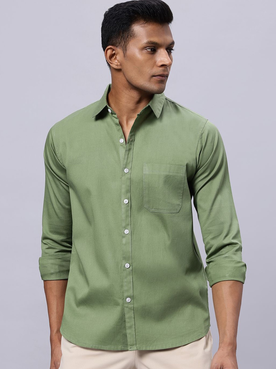 

N AND J Men Classic Spread Collar Solid Cotton Casual Shirt, Olive