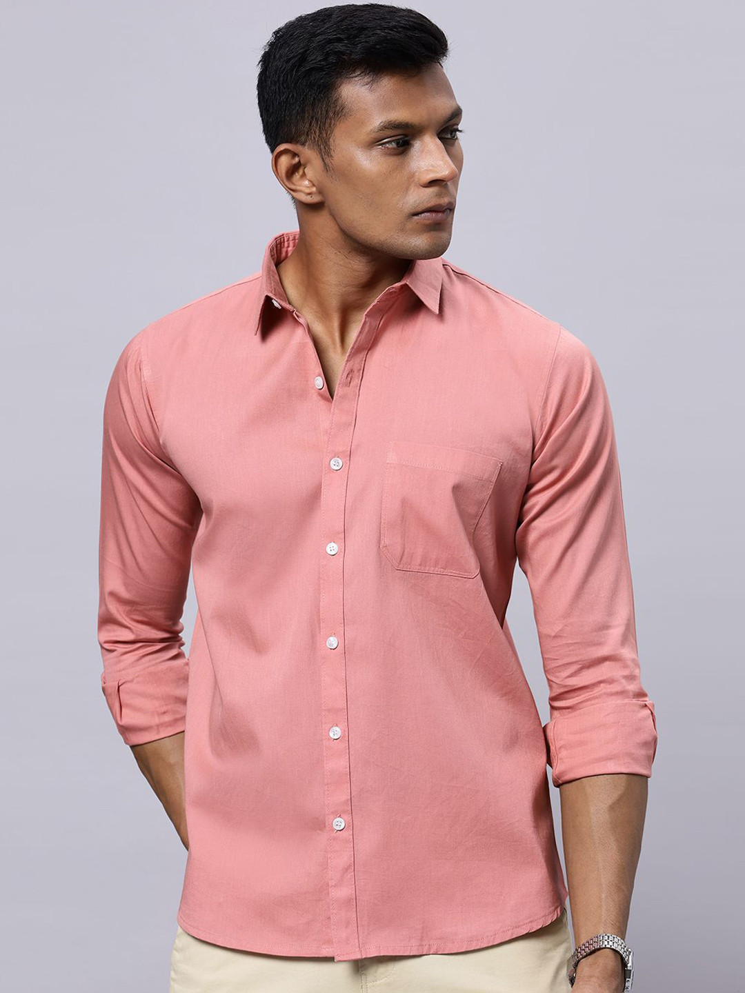 

N AND J Men Classic Spread Collar Solid Cotton Casual Shirt, Pink