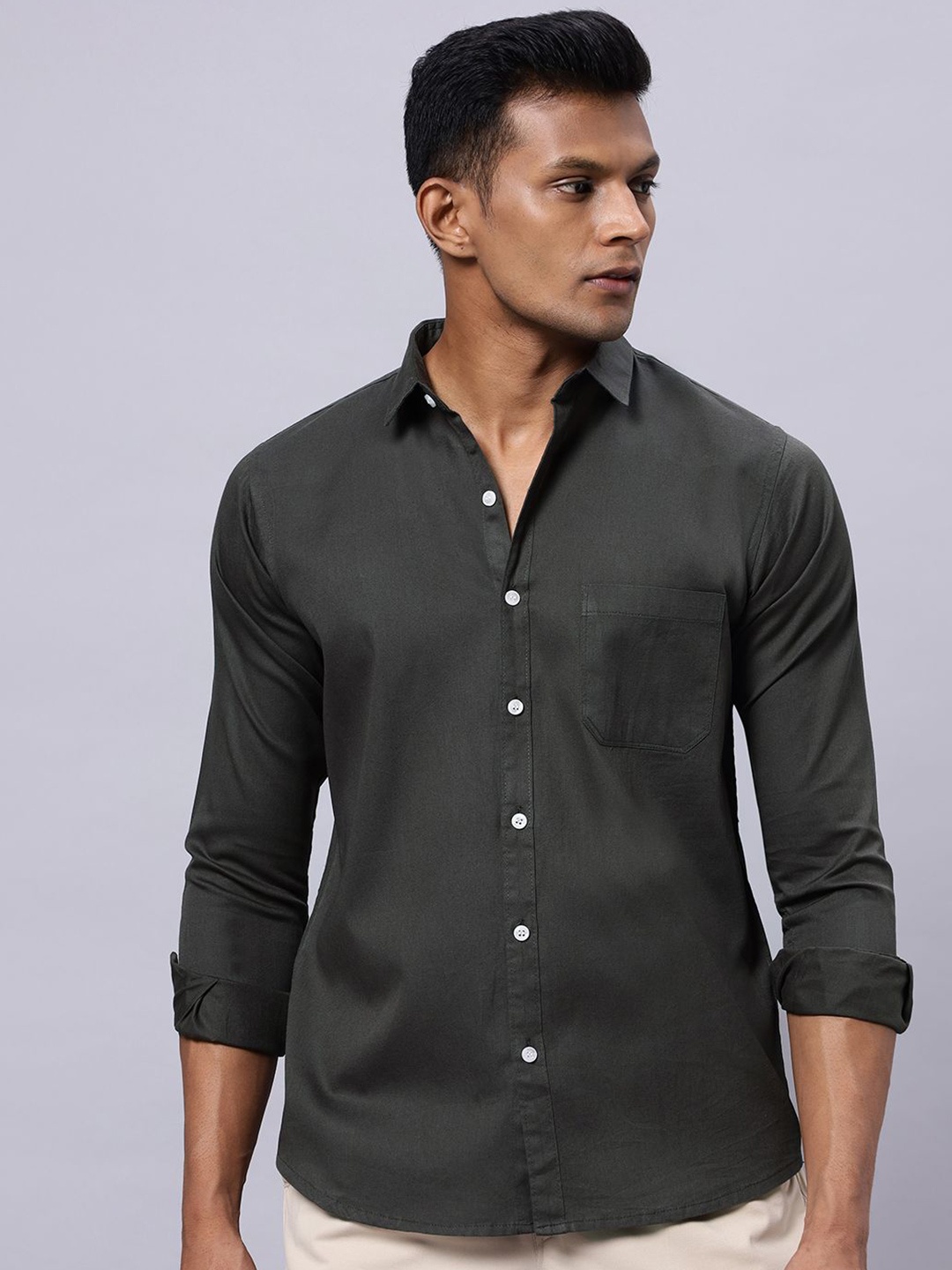 

N AND J Men Classic Slim Fit Spread Collar Solid Cotton Casual Shirt, Grey