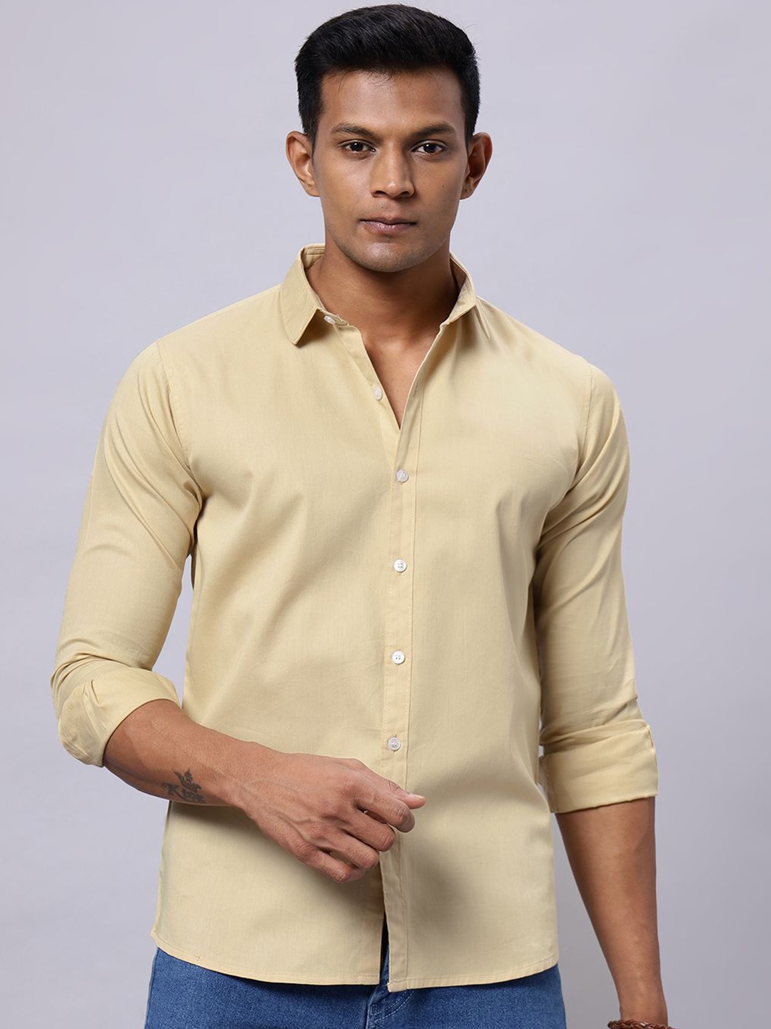 

N AND J Men Classic Fit Spread Collar Solid Cotton Casual Shirt, Beige