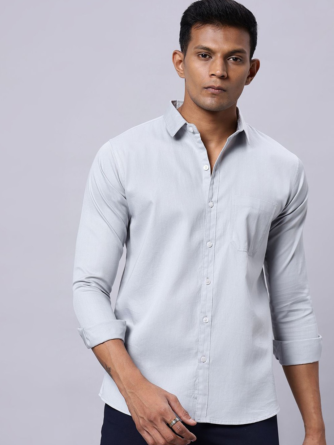 

N AND J Men Classic Spread Collar Solid Cotton Casual Shirt, Grey