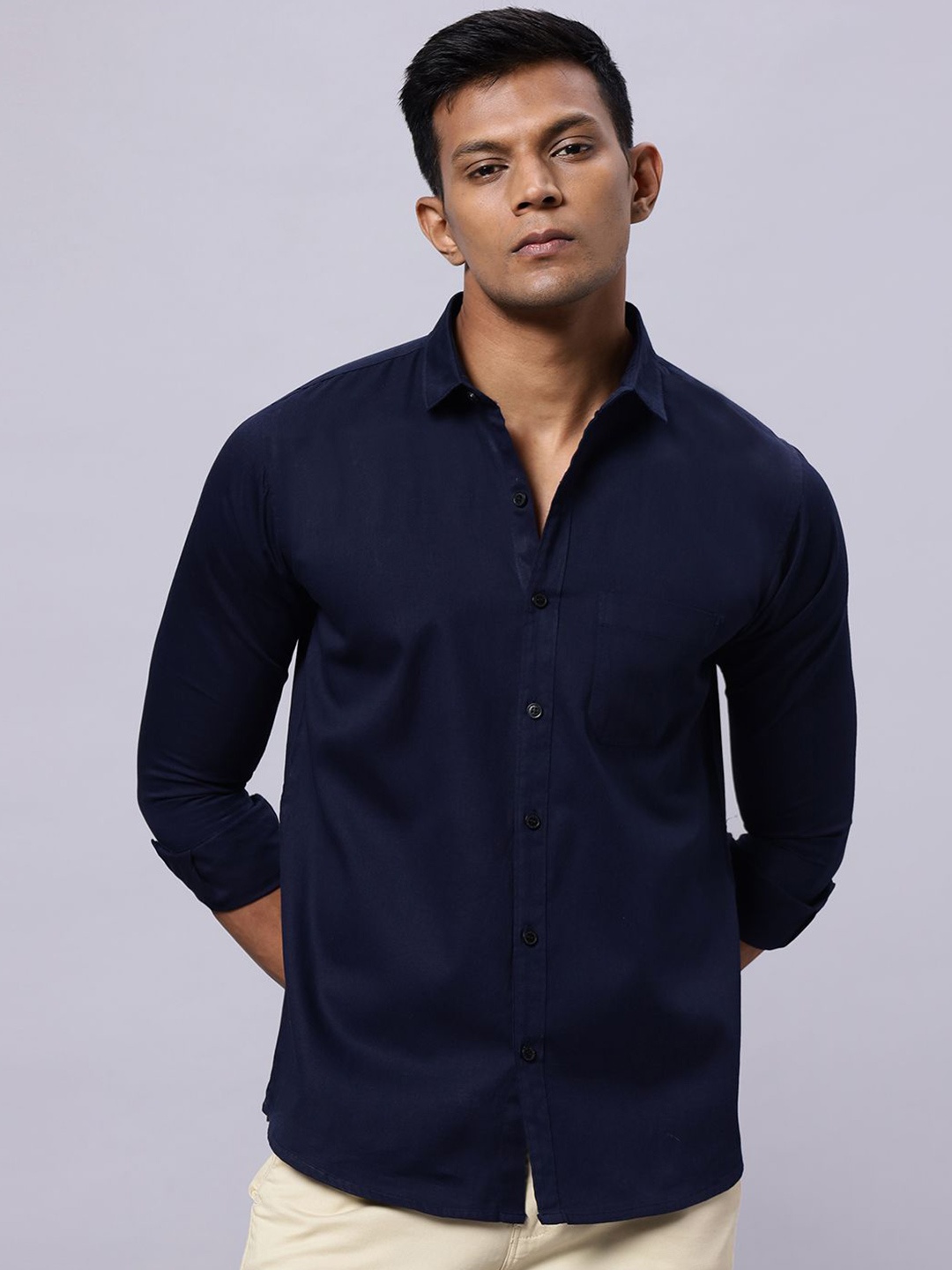 

N AND J Men Classic Spread Collar Solid Cotton Casual Shirt, Navy blue