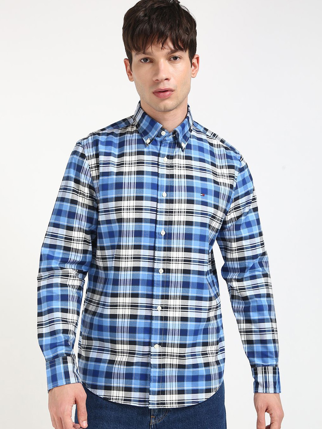 

Tommy Hilfiger Men HERITAGE Button-Down Collar Tartan Checked Cotton Casual Shirt, Blue
