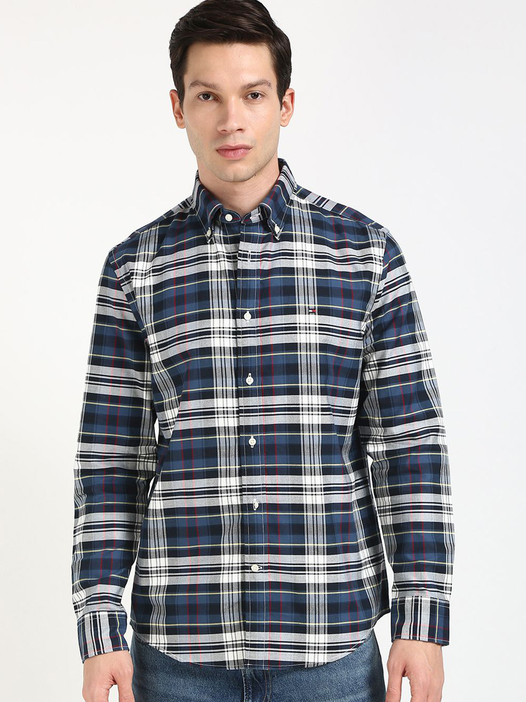

Tommy Hilfiger Men HERITAGE Button-Down Collar Tartan Checked Cotton Casual Shirt, Blue