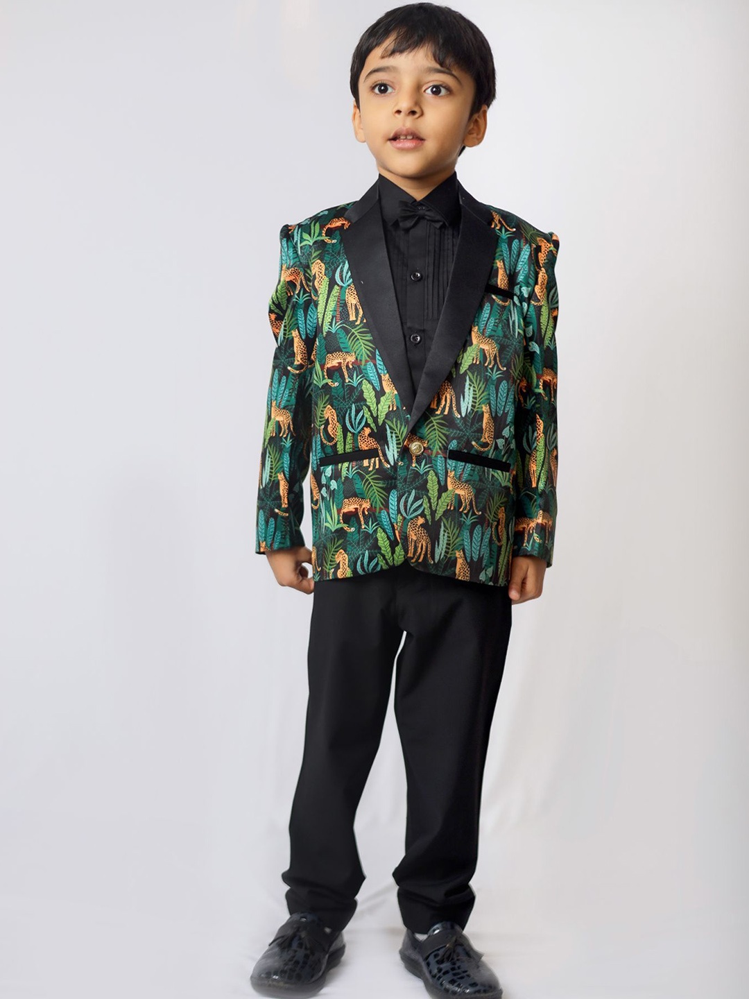 

Funny Bones Clothings Boys Leopard Printed Single Breasted Tuxedo Blazer, Green