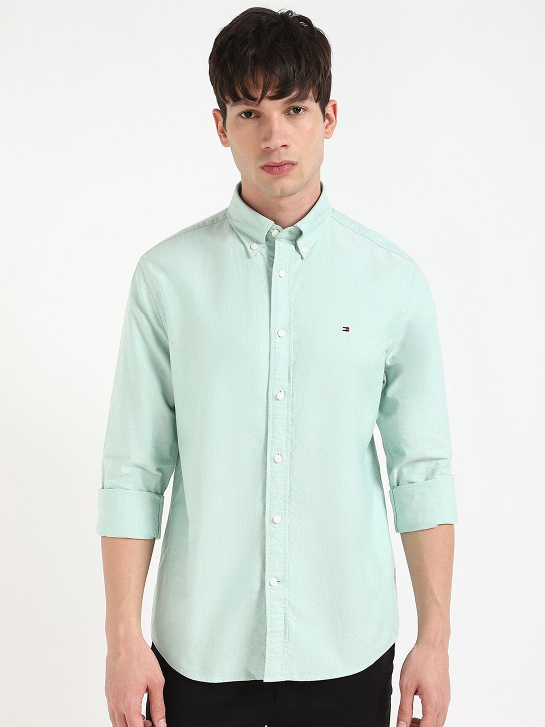 

Tommy Hilfiger Men Button-Down Collar Solid Cotton Casual Shirt, Green