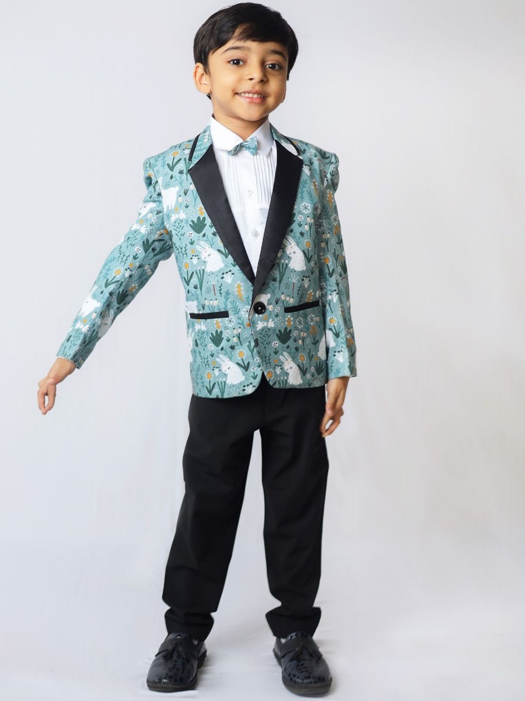 

Funny Bones Clothings Boys Printed Notched Lapel Linen Single Breasted Tuxedo Blazer Set, Teal