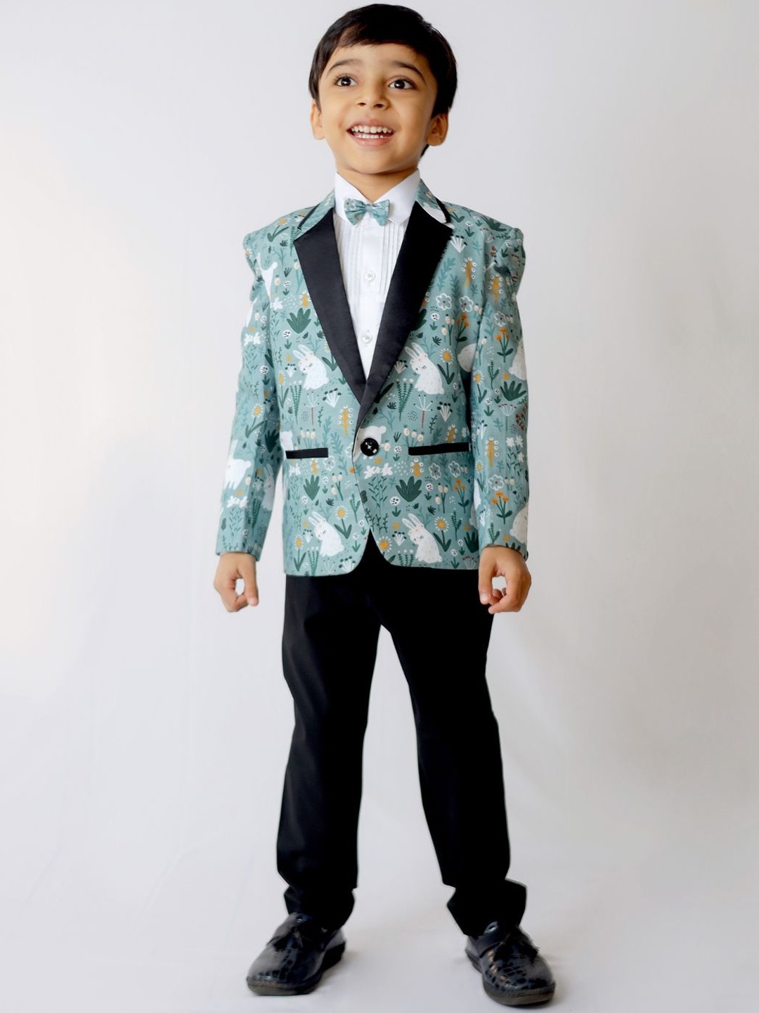 

Funny Bones Boys Conversational Printed Linen Tuxedo Blazer, Teal