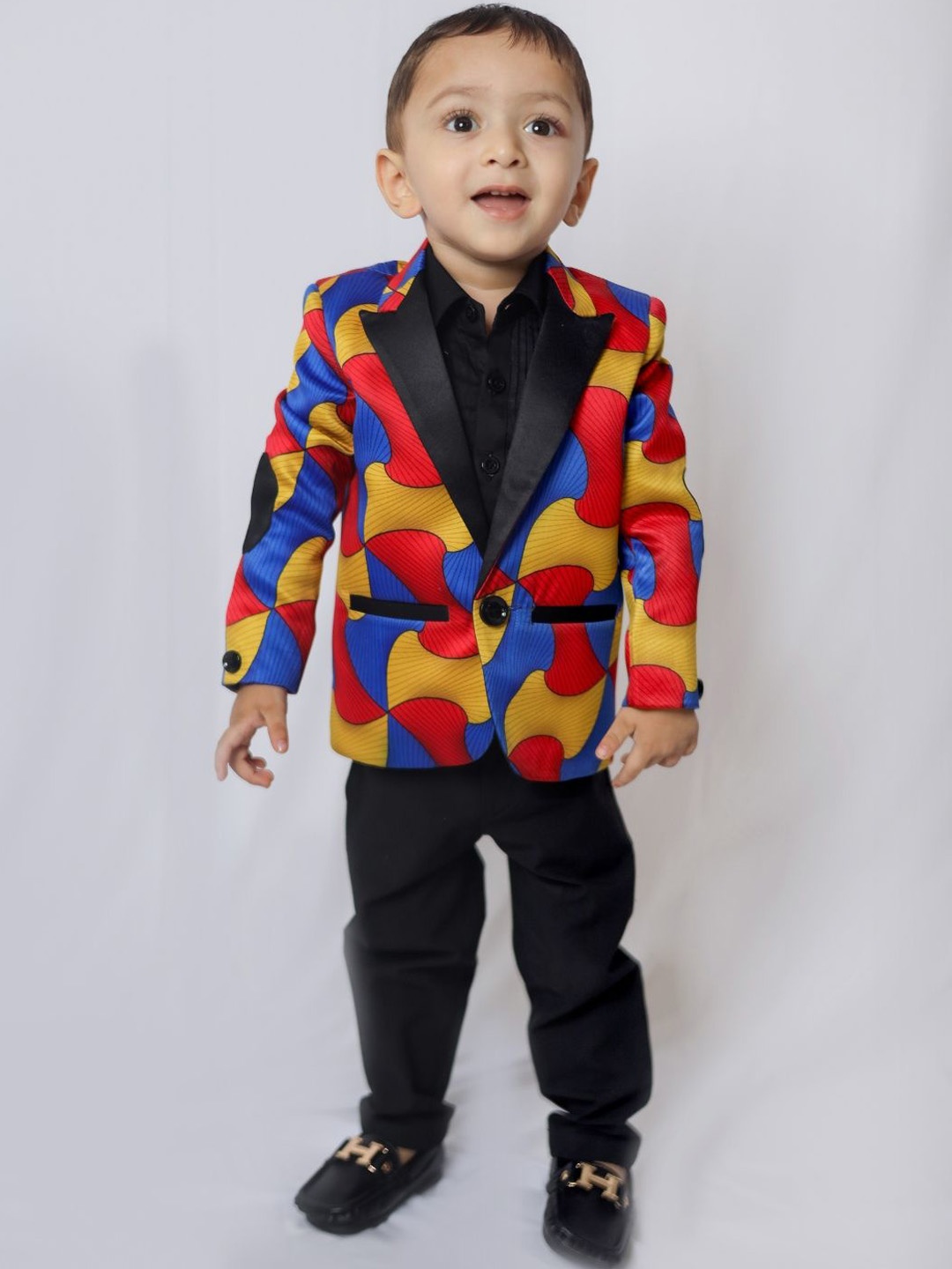 

Funny Bones Clothings Boys Printed Peaked Lapel Single Breasted Blazer, Blue