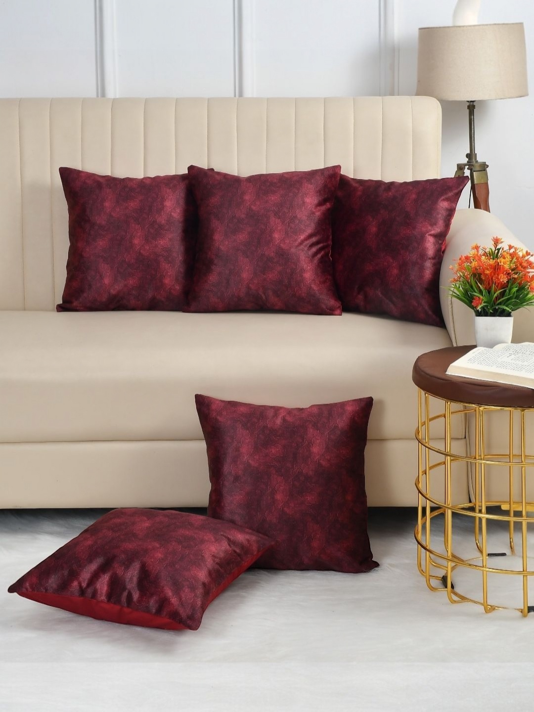 

BIGGER FISH Blue & White 5 Pieces Abstract Square Cushion Covers, Maroon