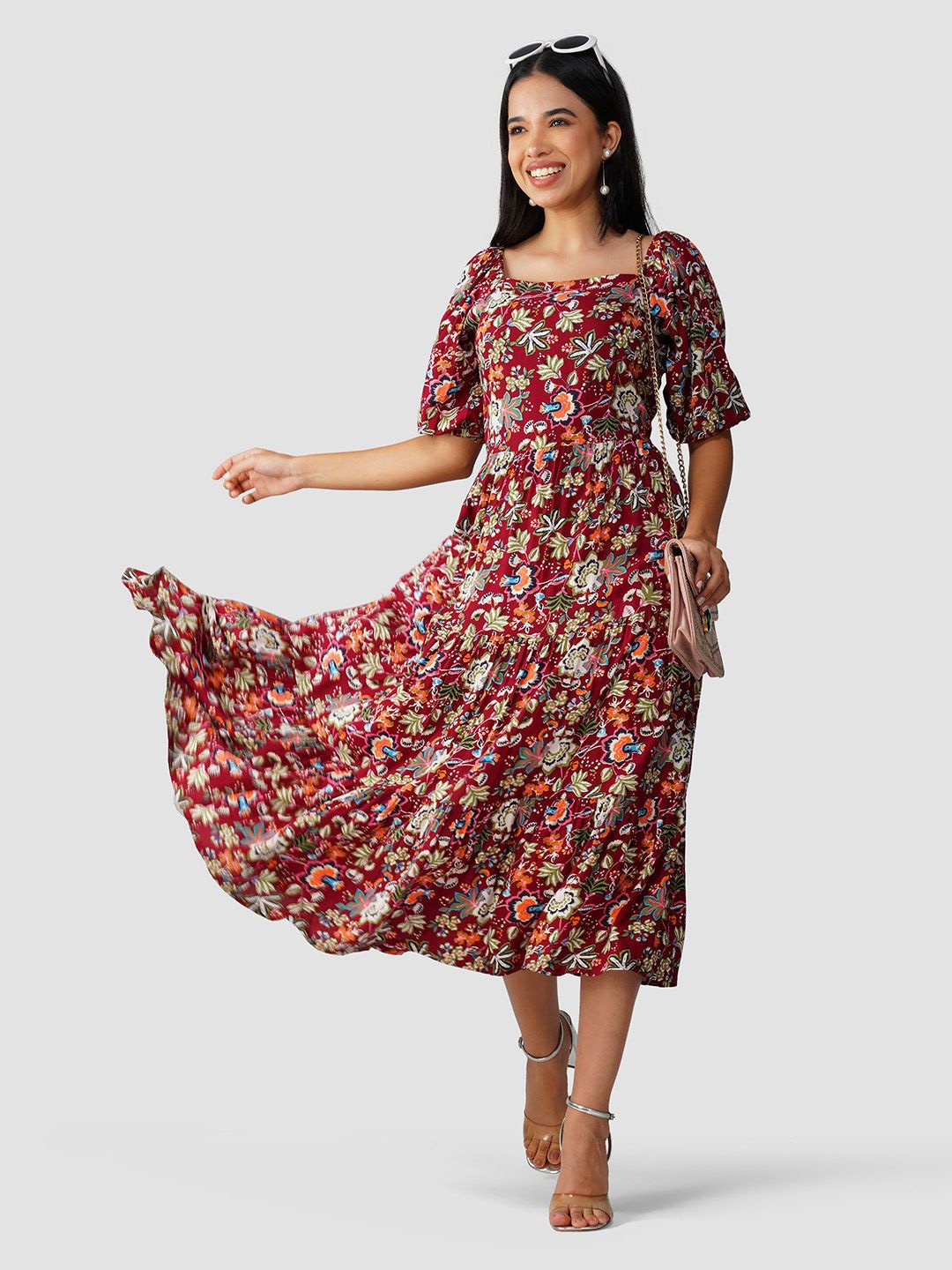 

PRESHA Women Floral Printed Fit & Flare Maxi Dress, Maroon