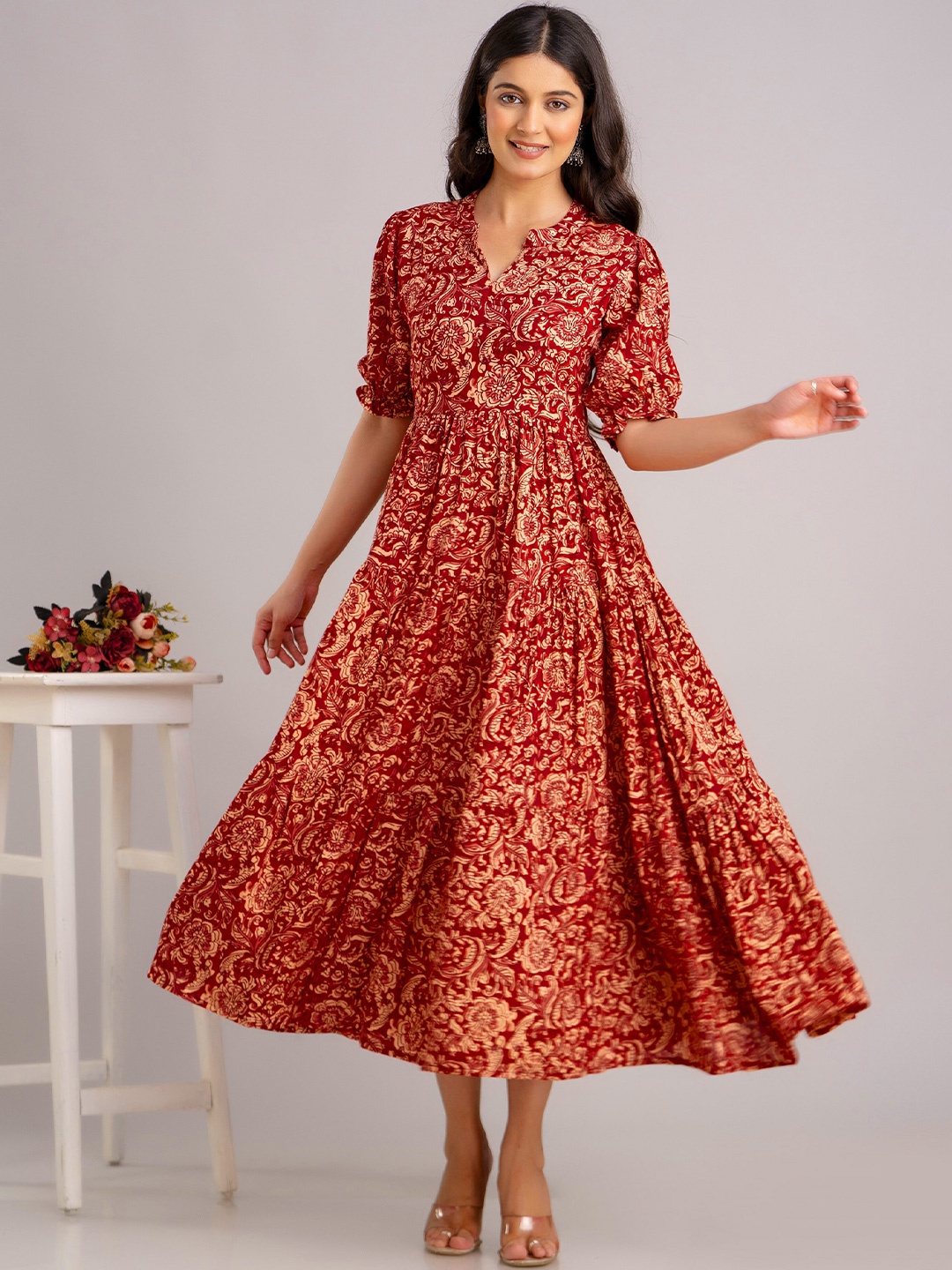 

PRESHA Women Floral Printed Cotton Fit & Flare Midi Dress, Red