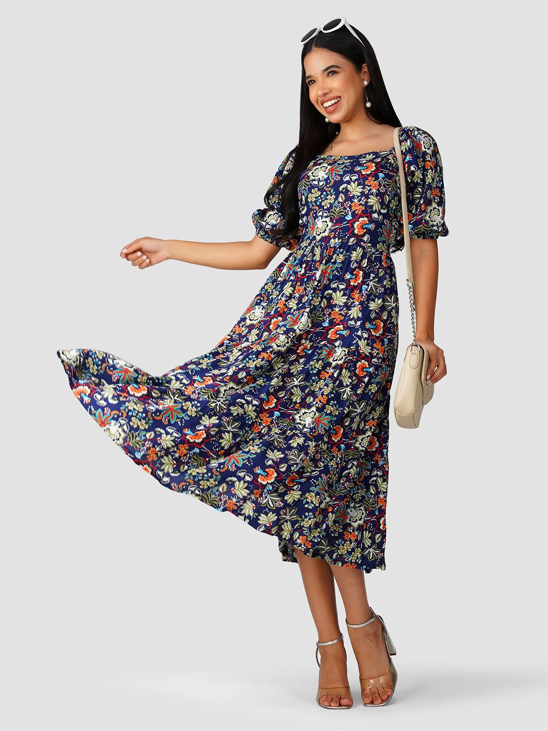 

PRESHA Women Floral Printed Fit & Flare Midi Dress, Blue