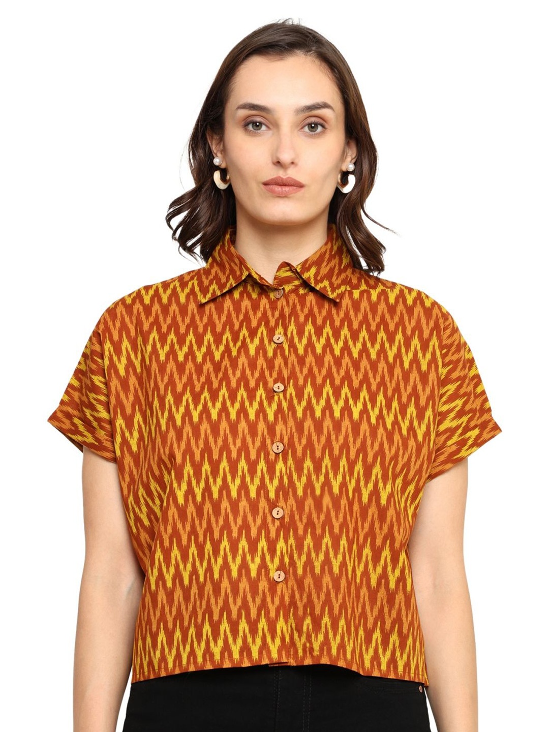 

IKRASS Women Spread Collar Chevron Striped Cotton Casual Shirt, Red