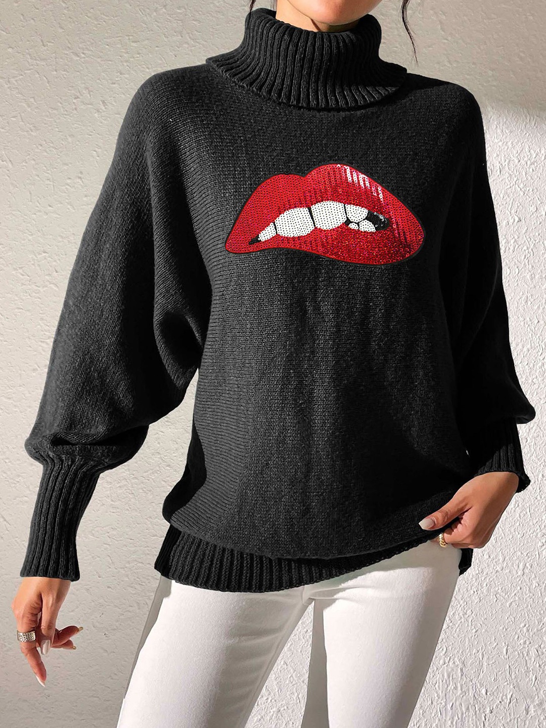 

StyleCast x Revolte Women Turtle Neck Self Design Pullover, Black