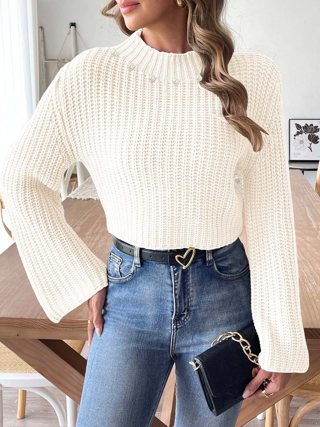 

StyleCast x Revolte Women Cable Knit Crop Pullover, White