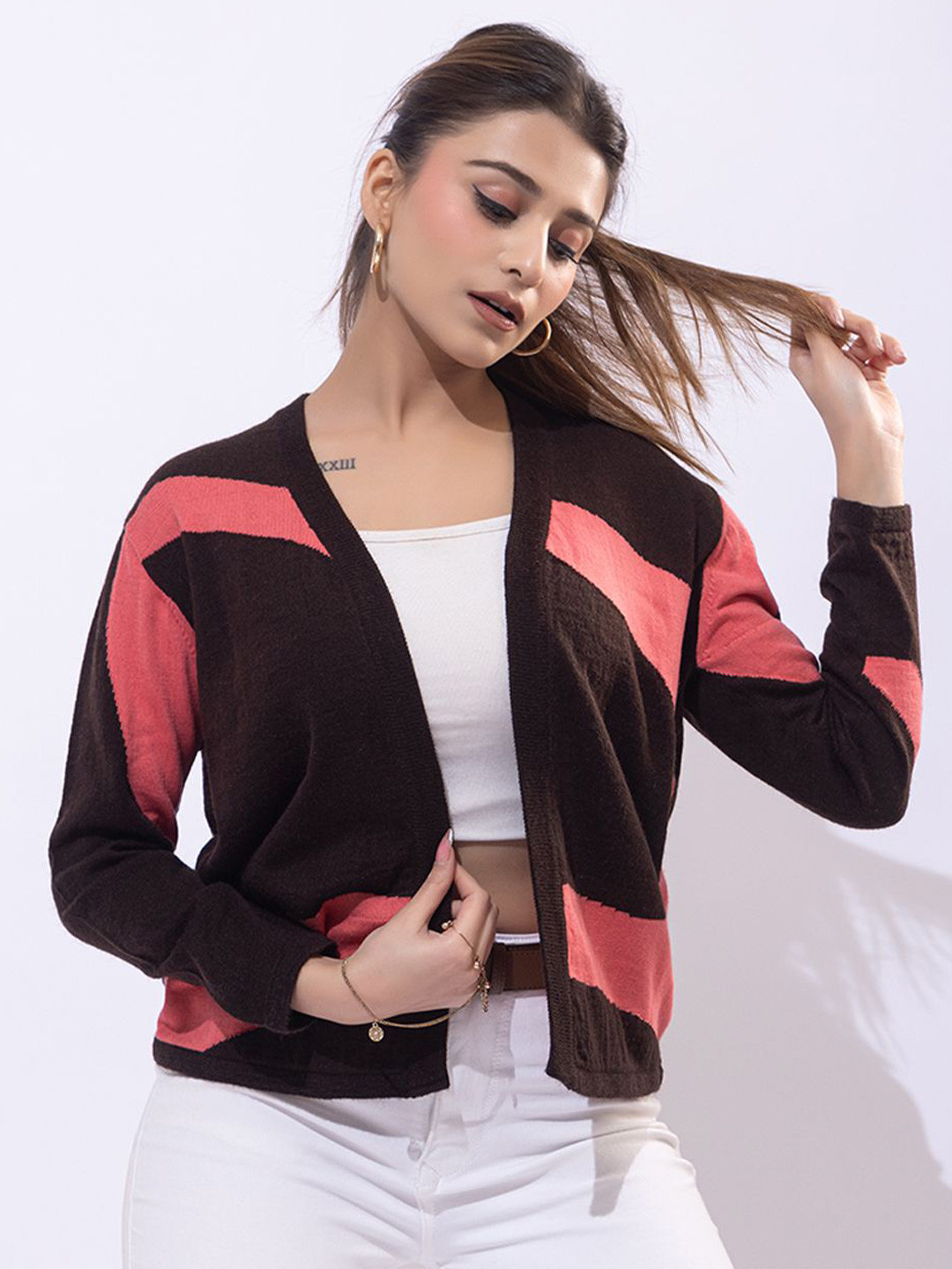 

ARMISTO Self Design Bohemian Front Open Acrylic Shrug, Brown