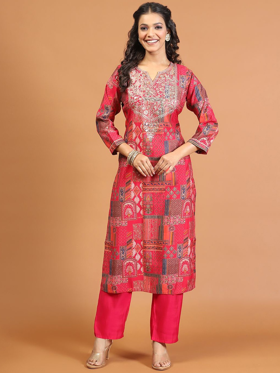 

Meena Bazaar Ethnic Motifs Printed Notch Neck Sequinned Muslin Kurta And Trouser, Pink