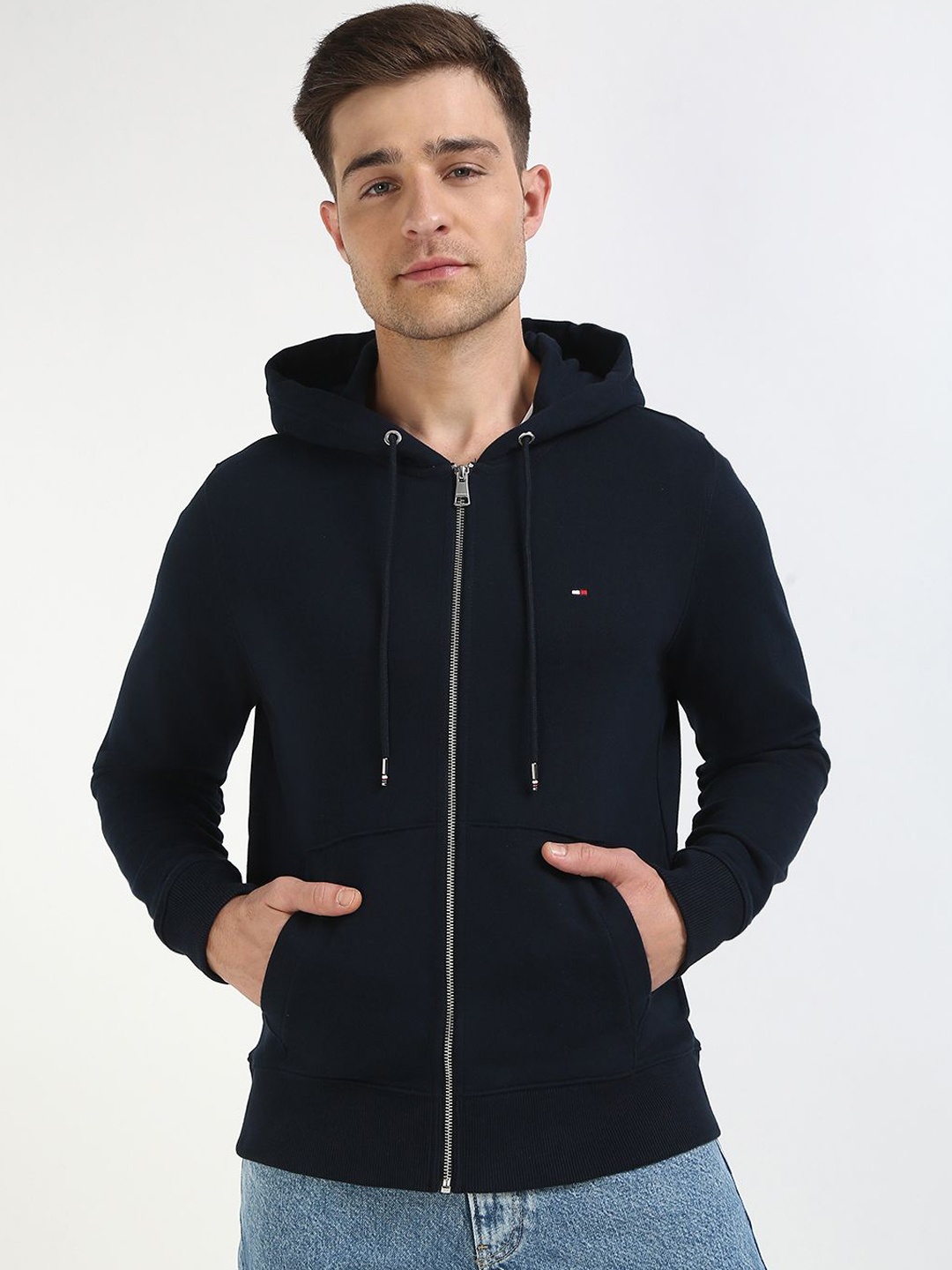 

Tommy Hilfiger Men Hooded Solid Cotton Casual Bomber Jacket, Navy blue