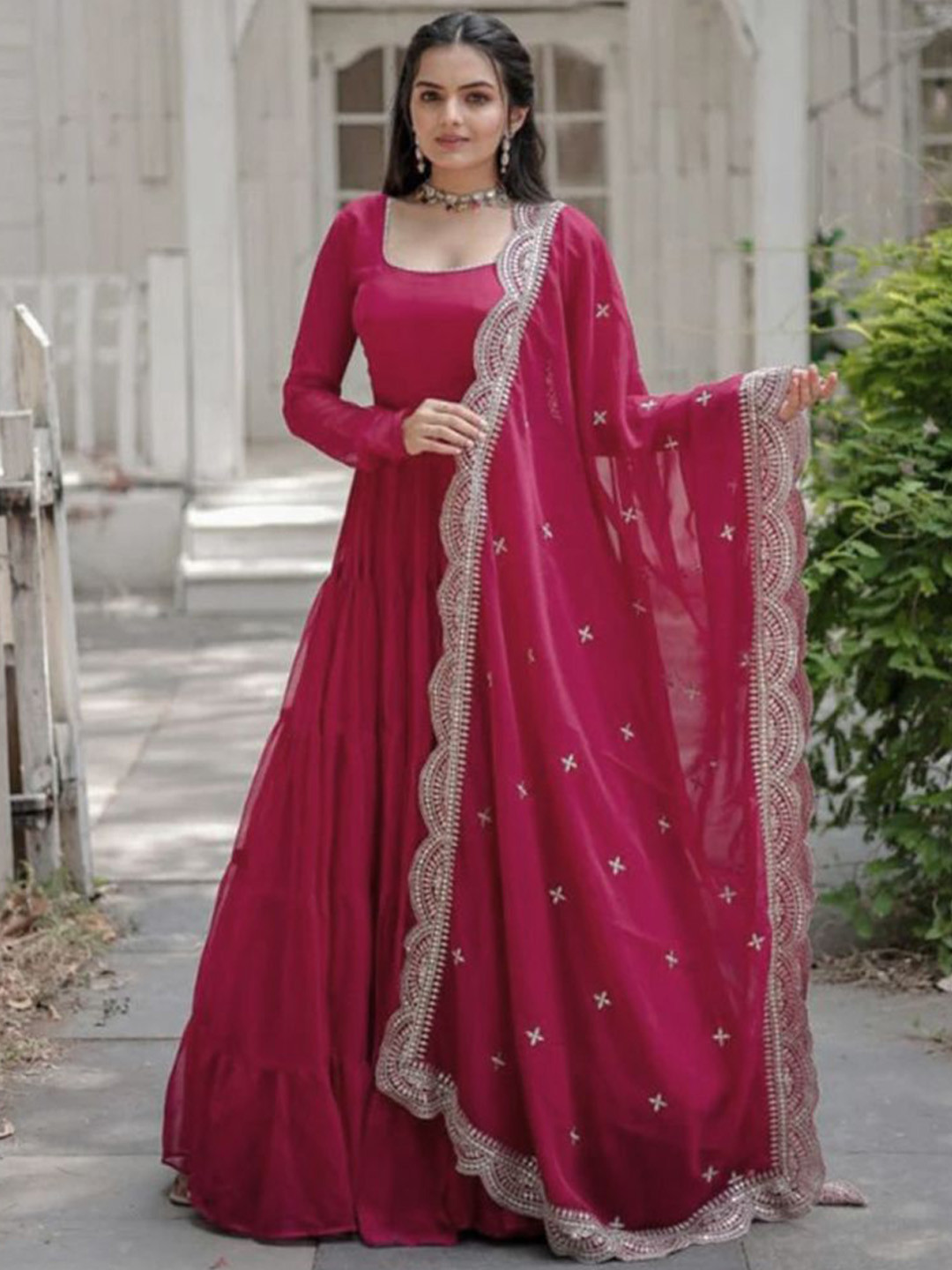 

Ethnic Yard Women Fit & Flare Long Sleeves Ethnic Dress With Dupatta, Pink