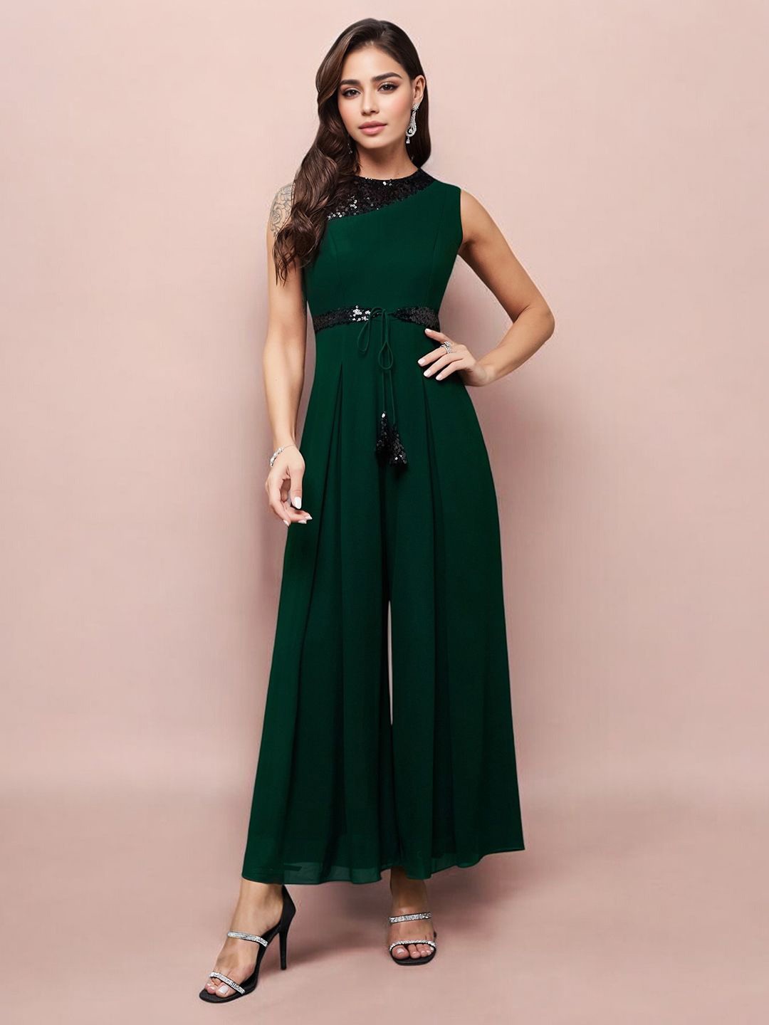 

Miss Chase Women Fire Of The Aries Sequined Flared Basic Jumpsuit, Green