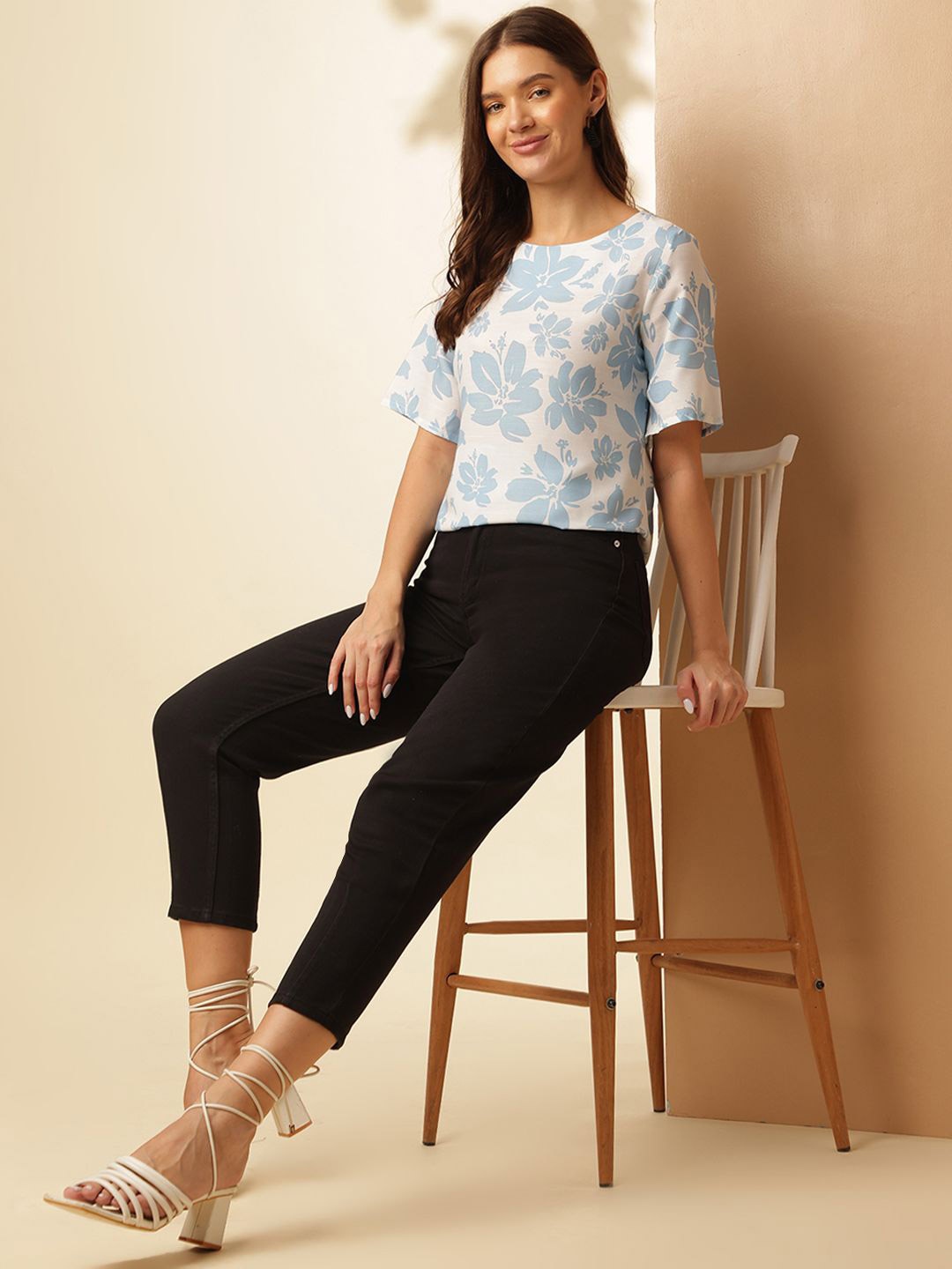 

Anouk Rustic Floral Printed Flared Sleeve Top, Blue