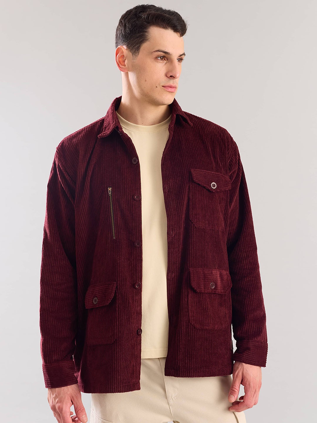 

Overlays Textured Pocket Detailing Relaxed Fit Cotton Shacket, Maroon