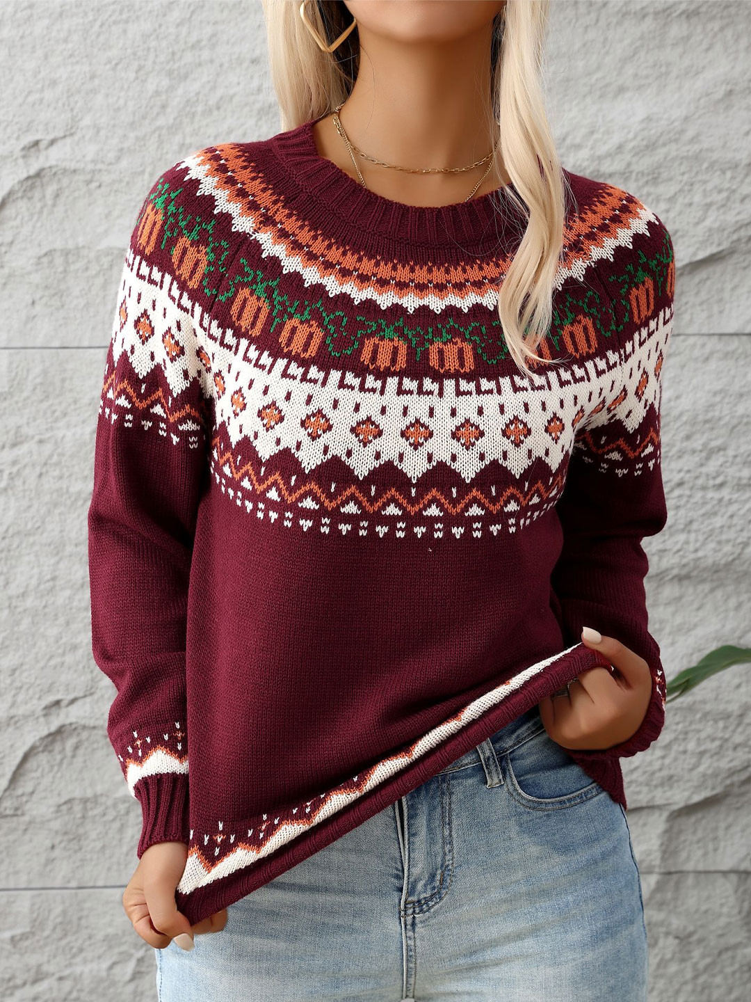 

StyleCast x Revolte Women Round Neck Fair Isle Pullover, Maroon