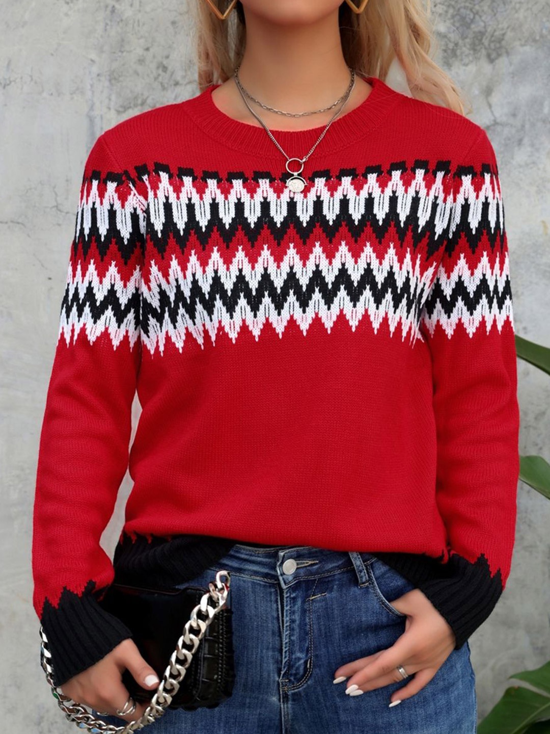 

StyleCast x Revolte Women Self Design Chevron Round Neck Pullover, Red