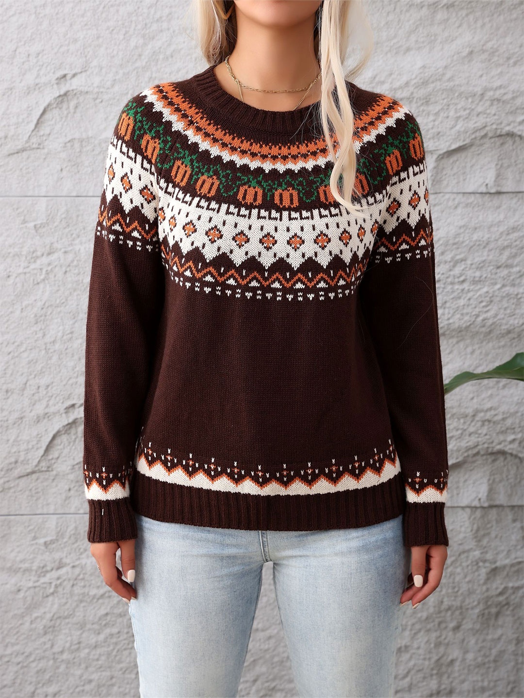 

StyleCast x Revolte Women Self Design Pullover Sweaters, Coffee brown