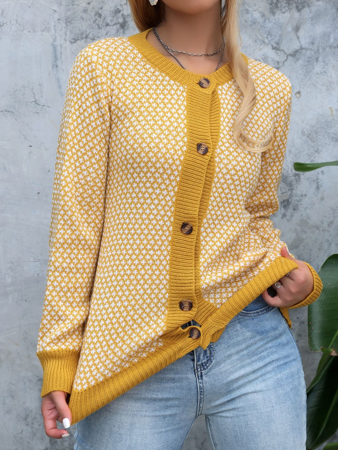 

StyleCast x Revolte Women Printed Round Neck Cardigan, Yellow