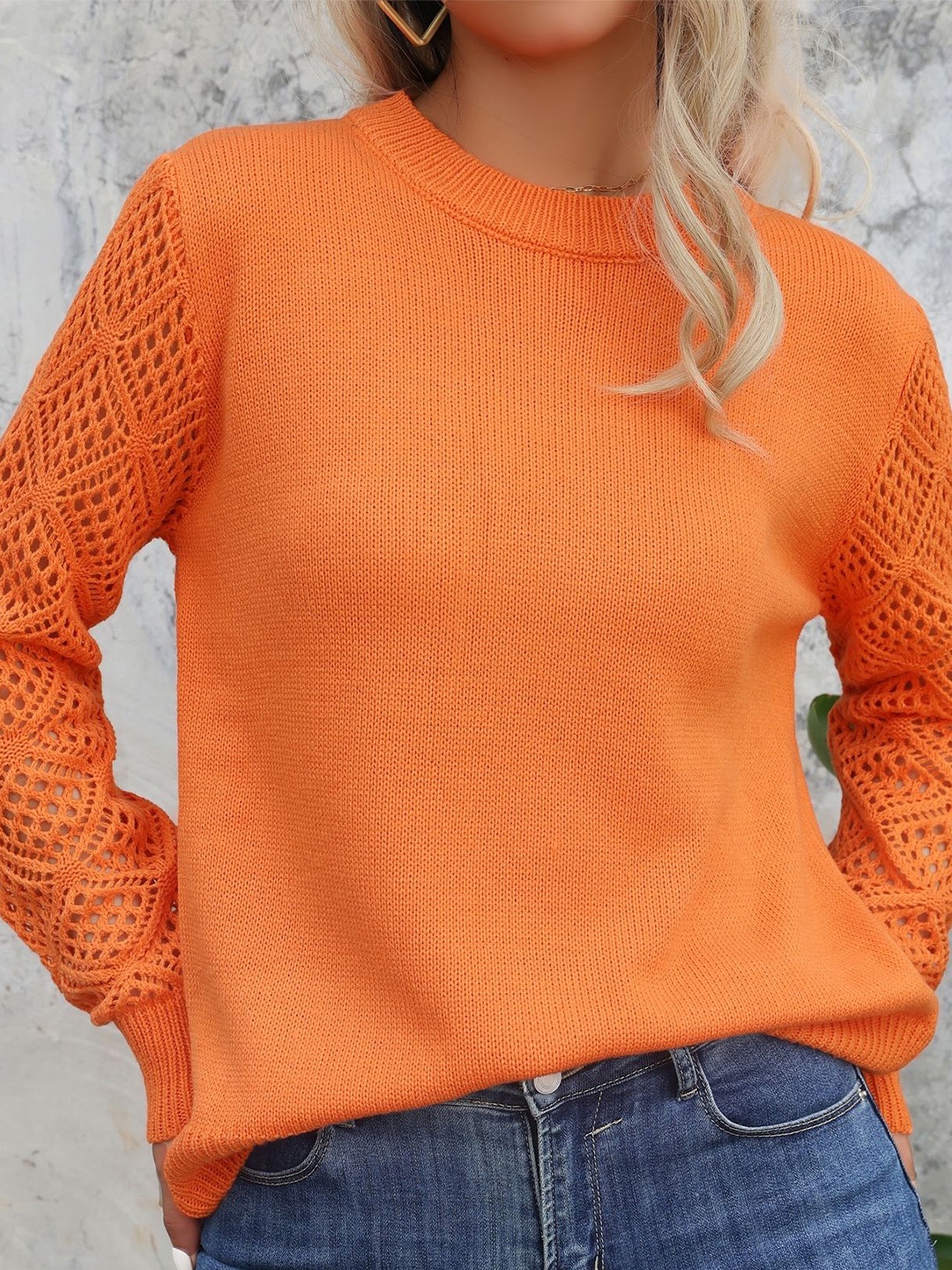 

StyleCast x Revolte Women Self Design Round Neck Pullover, Orange