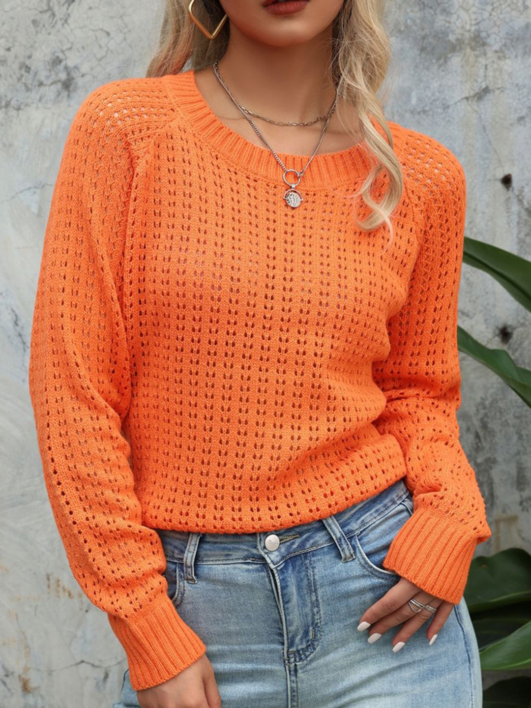 

StyleCast x Revolte Women Self Design Open Knit Pullover Sweaters, Orange
