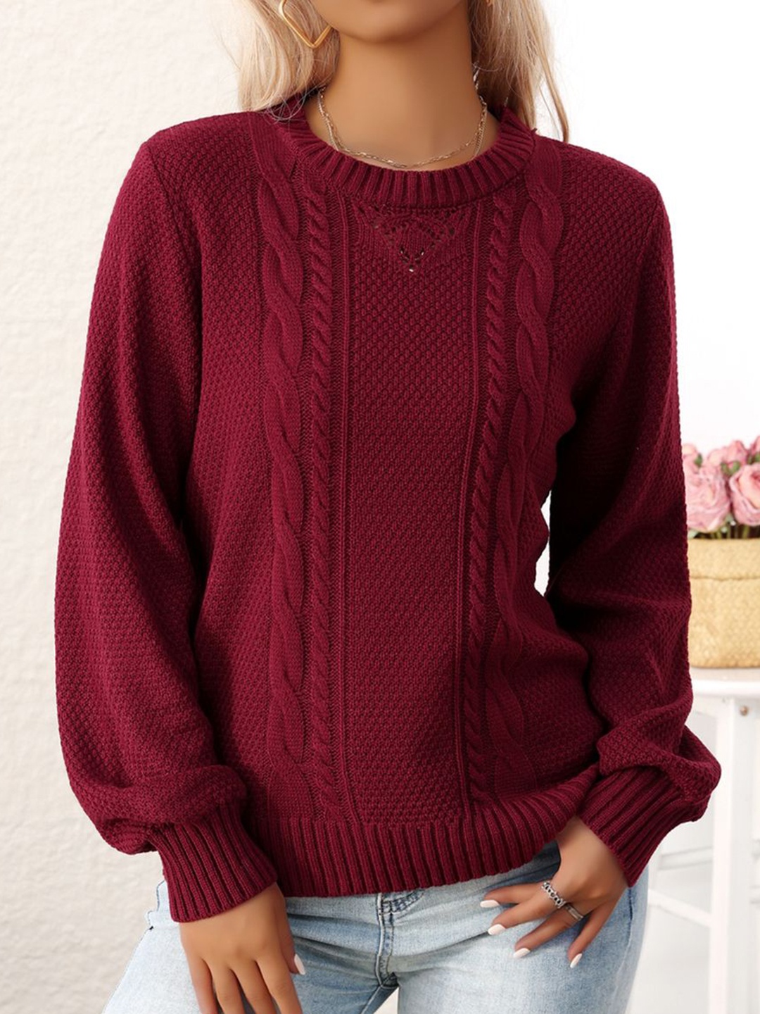 

StyleCast x Revolte Women Cable Knit Pullover, Maroon