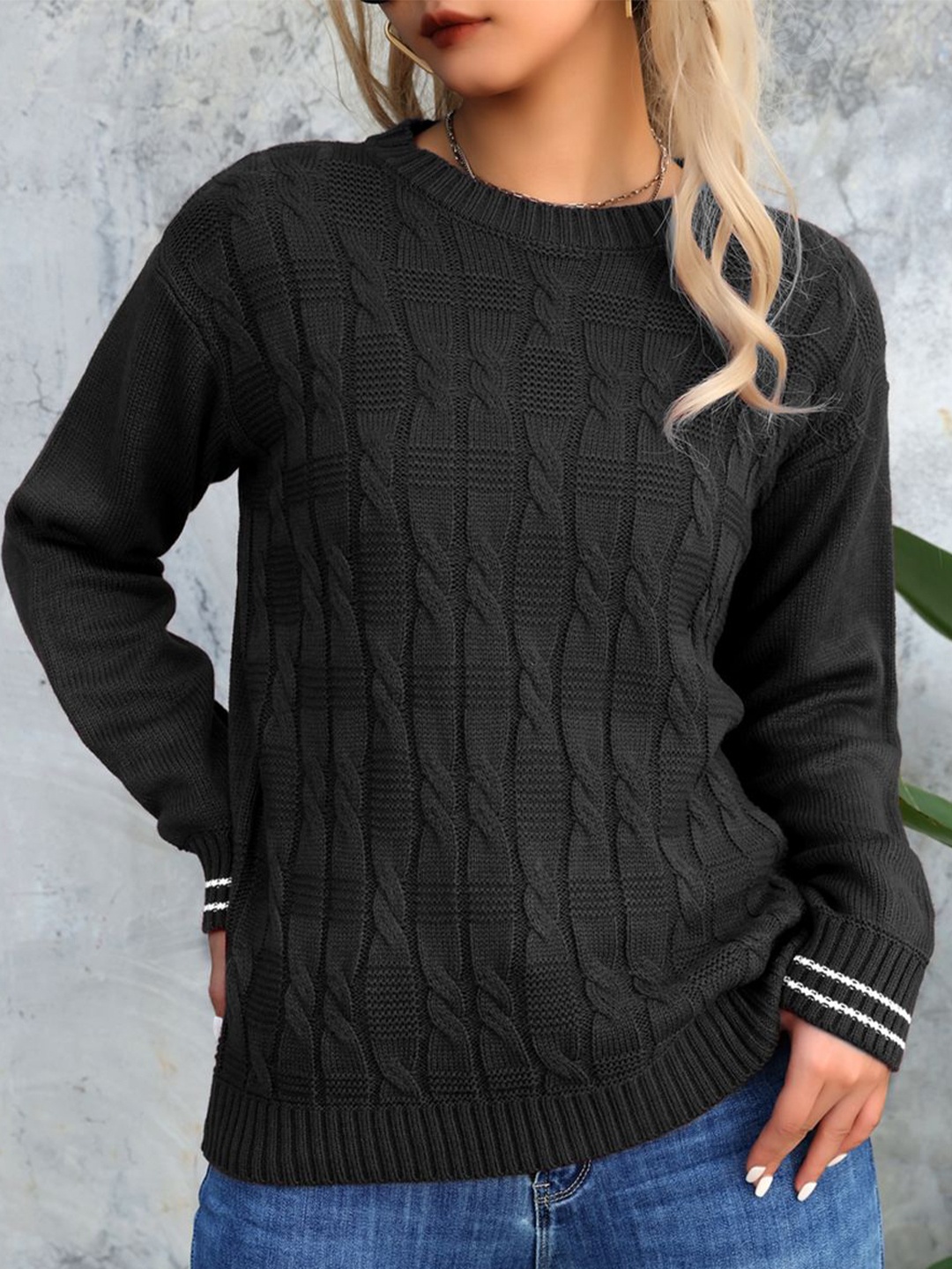 

StyleCast x Revolte Women Cable Knit Round Neck Pullover Sweater, Black