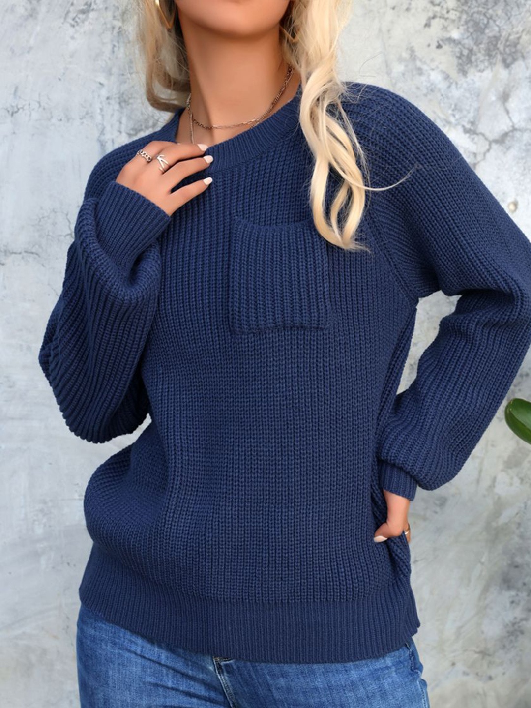 

StyleCast x Revolte Women Self Design Cable Knit Pullover, Navy blue