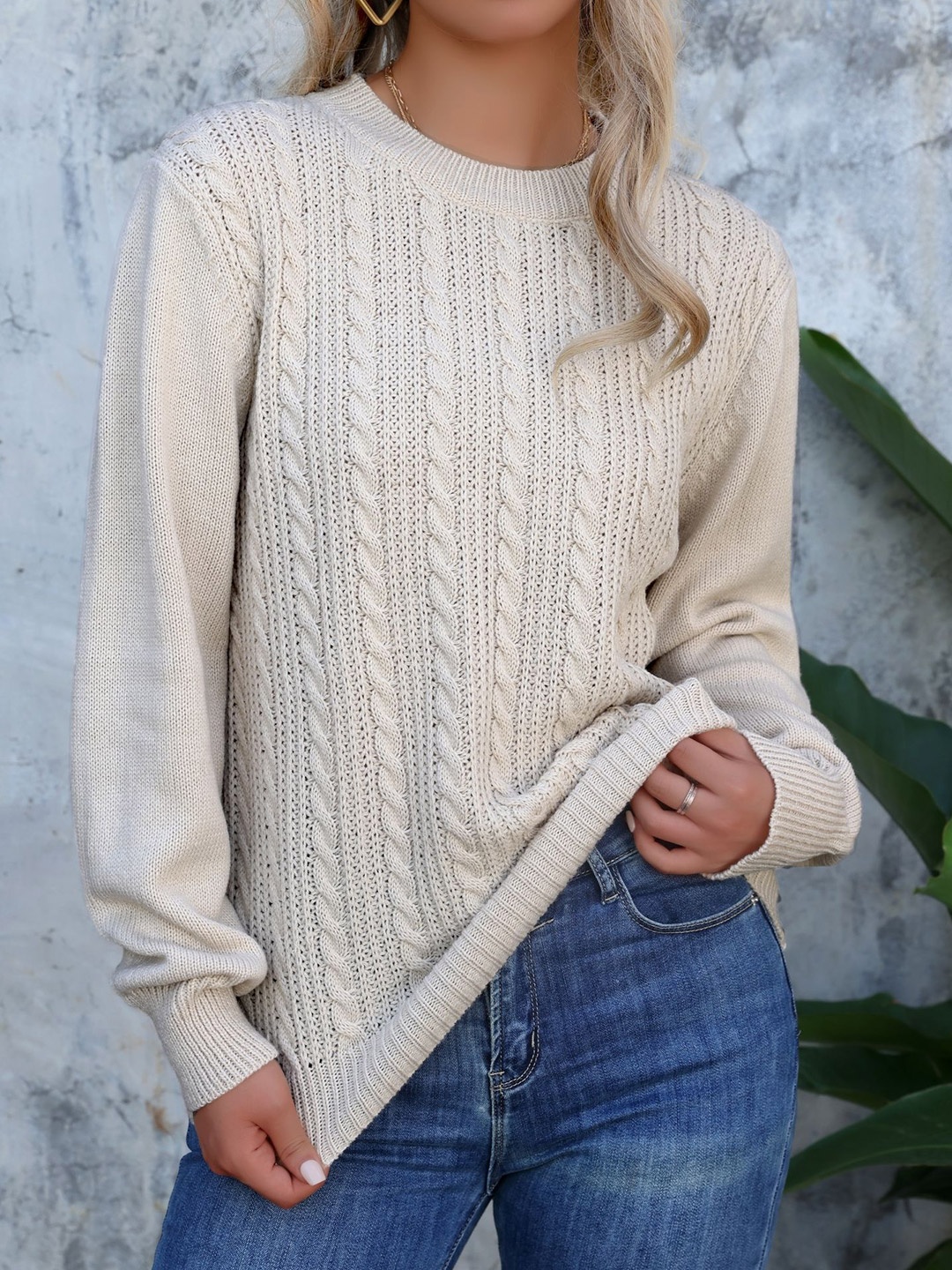 

StyleCast x Revolte Women Open Knit Round Neck Pullover Sweater, Cream