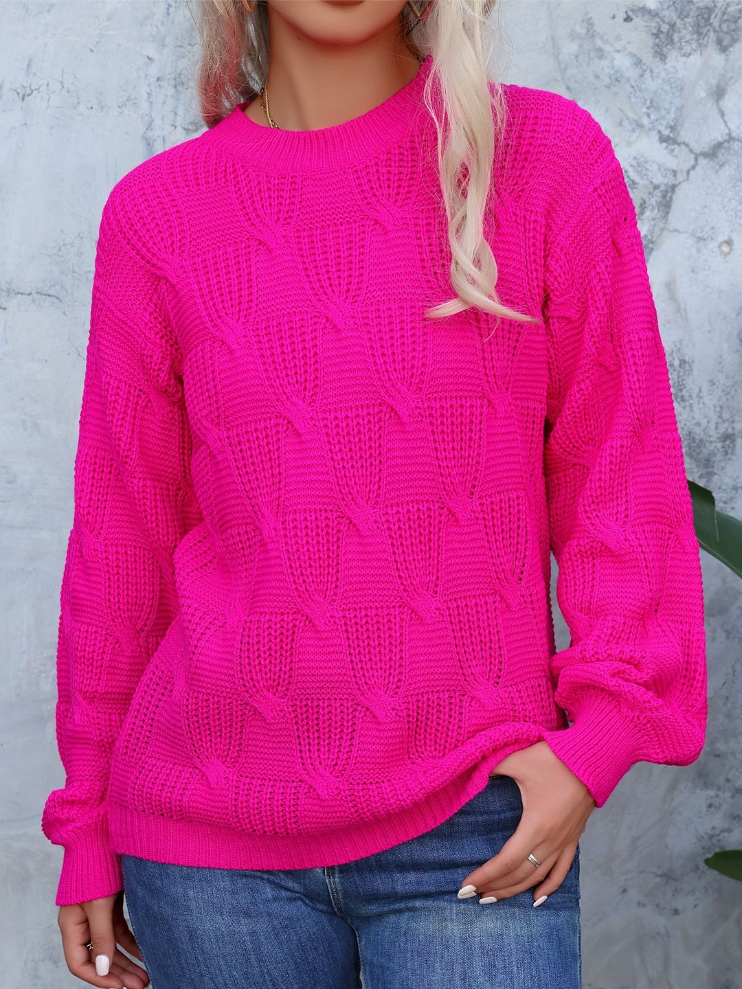 

StyleCast x Revolte Women Cable Knit Self Design Pullover, Fuchsia