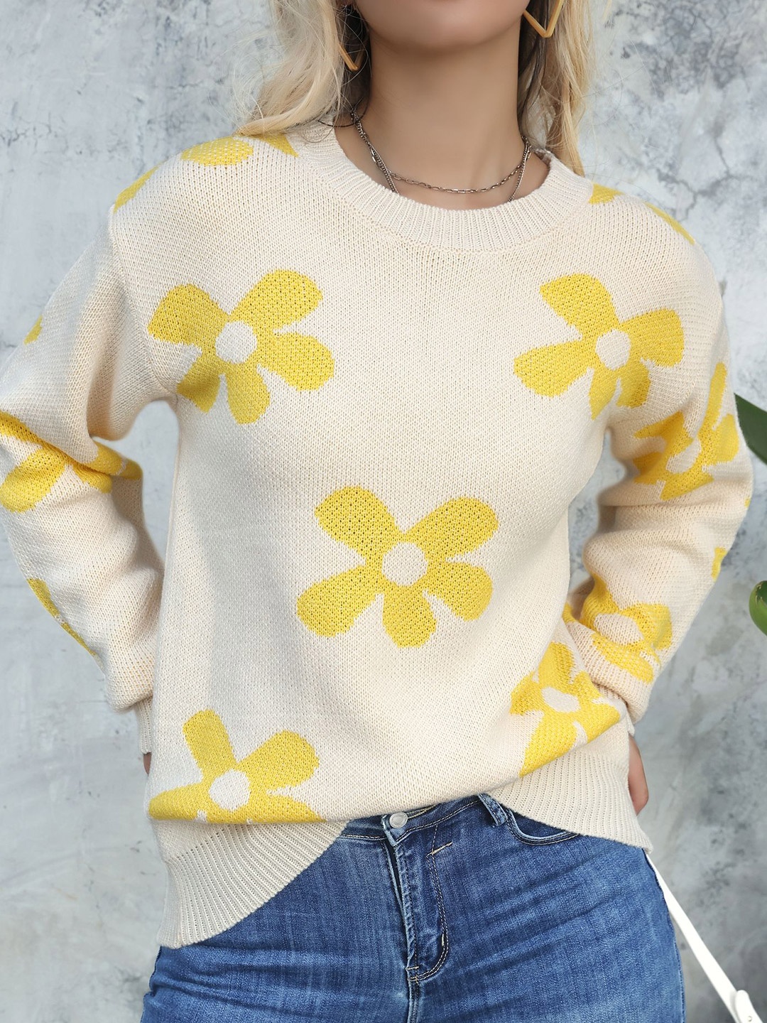 

StyleCast x Revolte Women Floral Self Design Round Neck Pullover, Beige