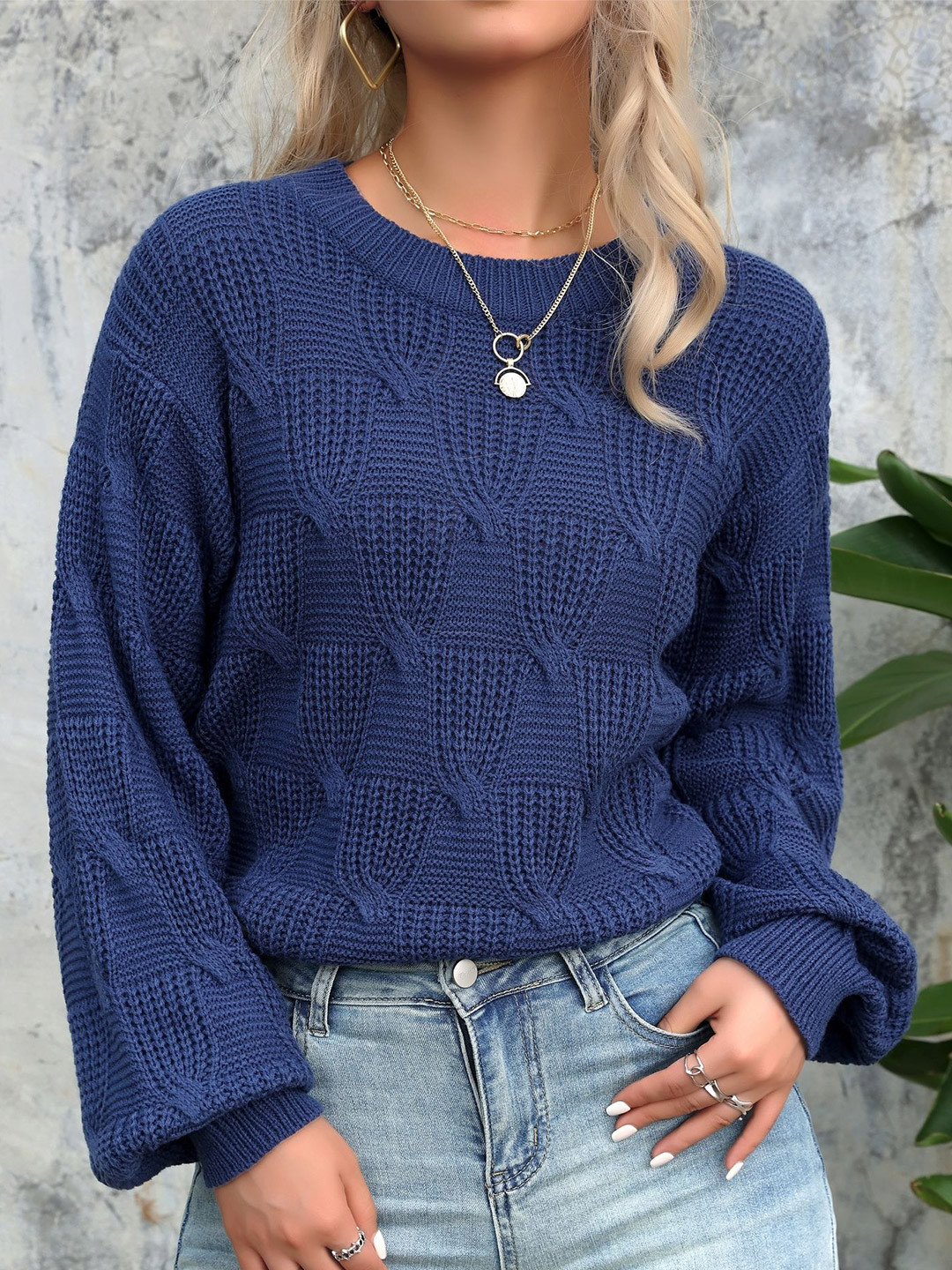 

StyleCast x Revolte Women Self Design Pullover Sweater, Navy blue