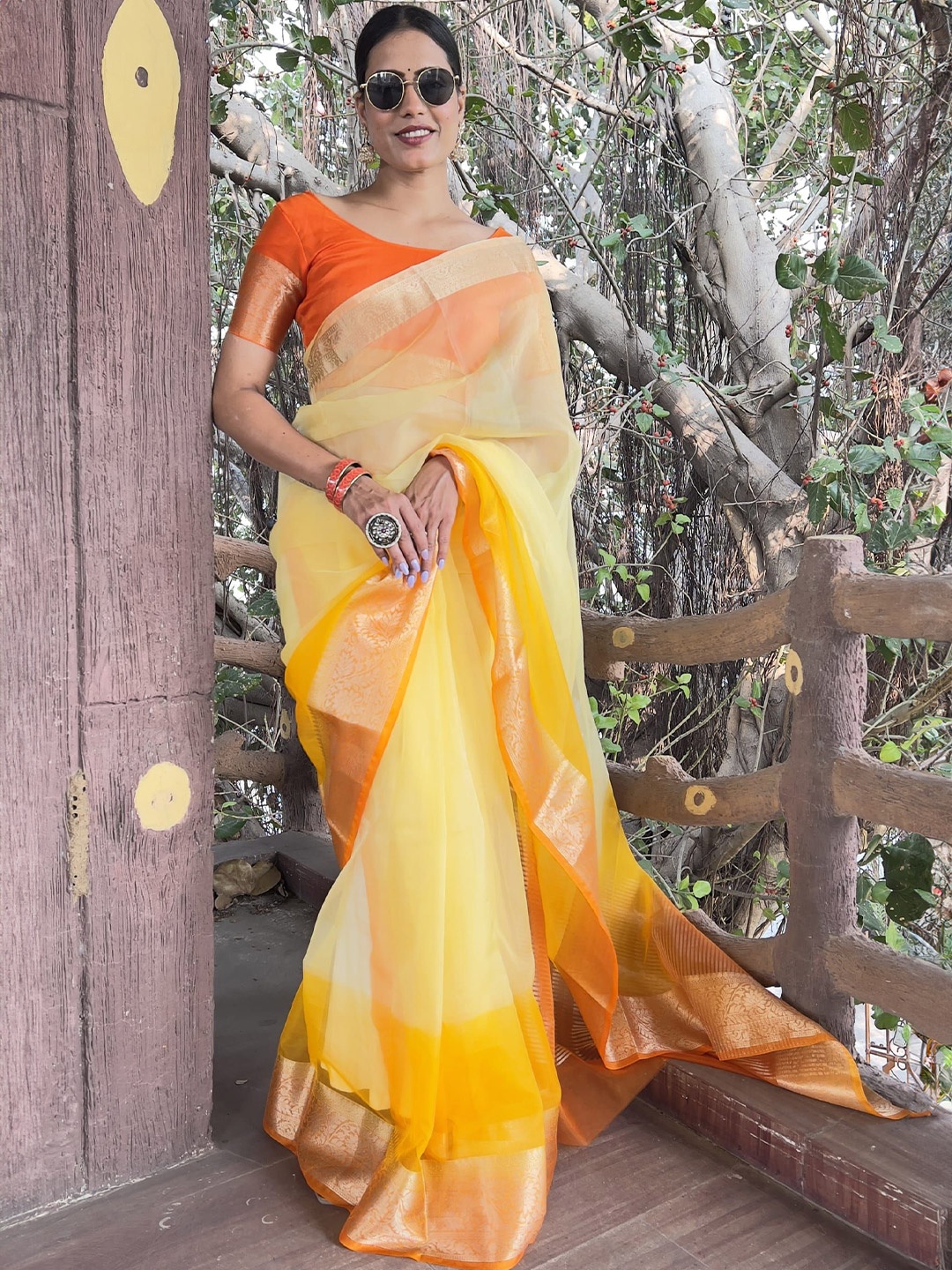 

DIVASTRI Tie and Dye Zari Organza Saree, Yellow