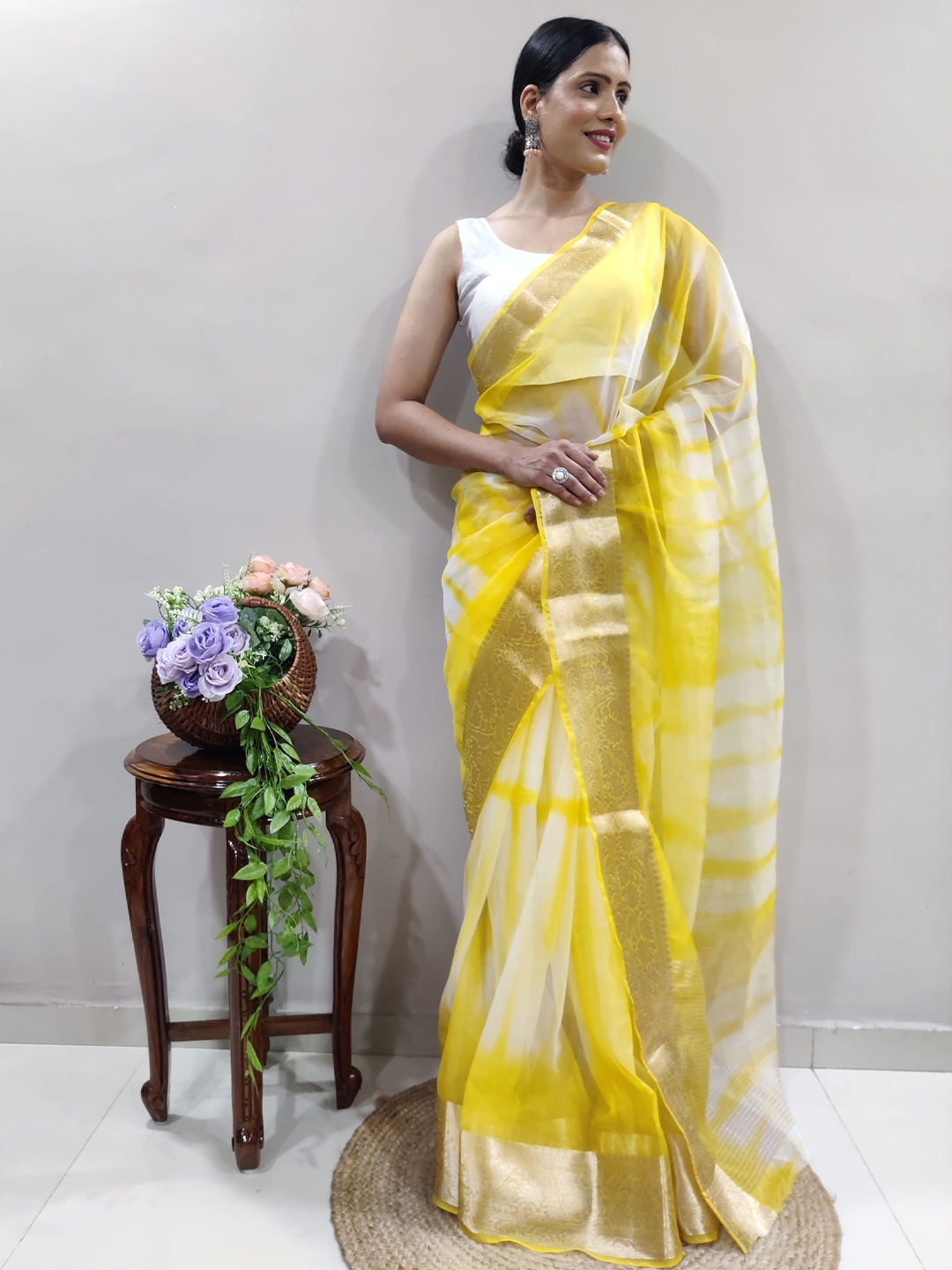 

DIVASTRI Tie and Dye Zari Organza Saree, Yellow