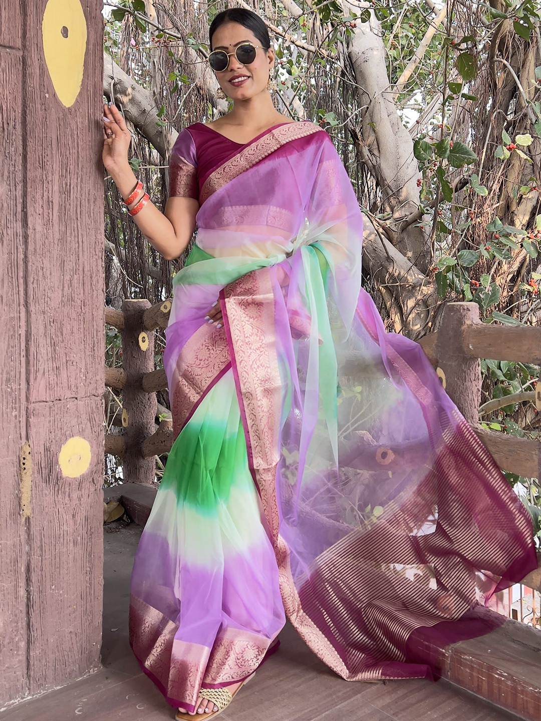 

DIVASTRI Tie and Dye Zari Organza Saree, Purple