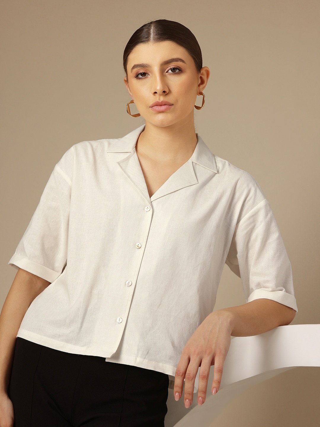 

Chemistry Solid Relaxed Cuban Collar Cotton Linen Oversized Casual Shirt, White