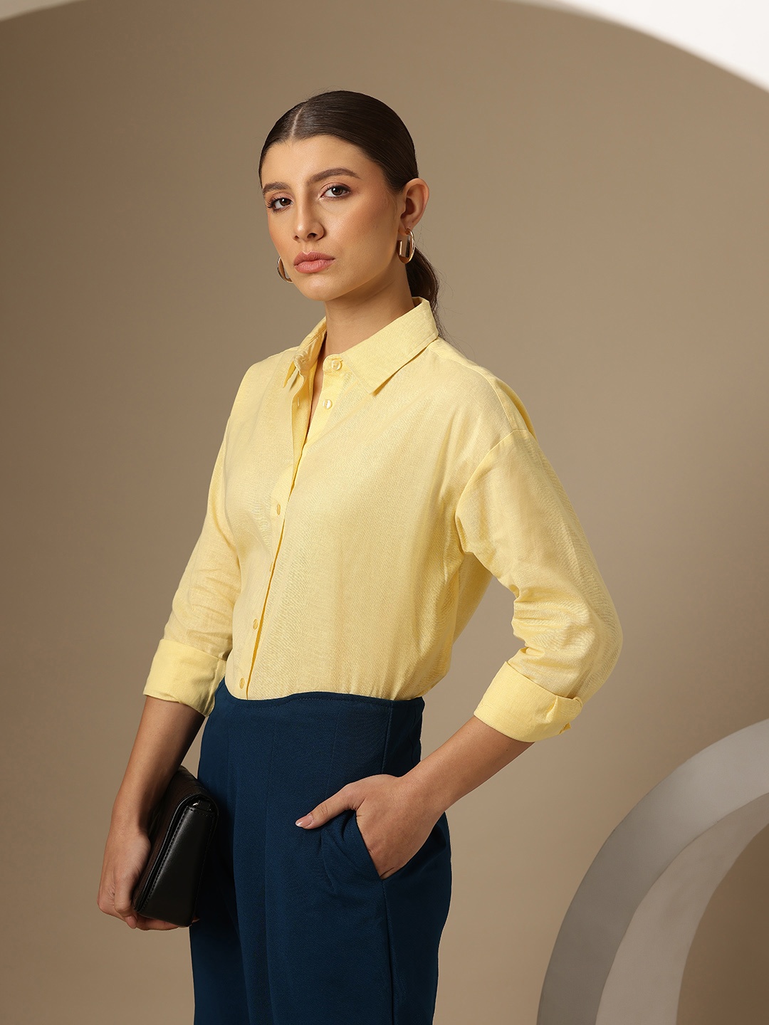 

Chemistry Solid Relaxed Drop Shoulder Sleeve Oversized Casual Shirt, Yellow