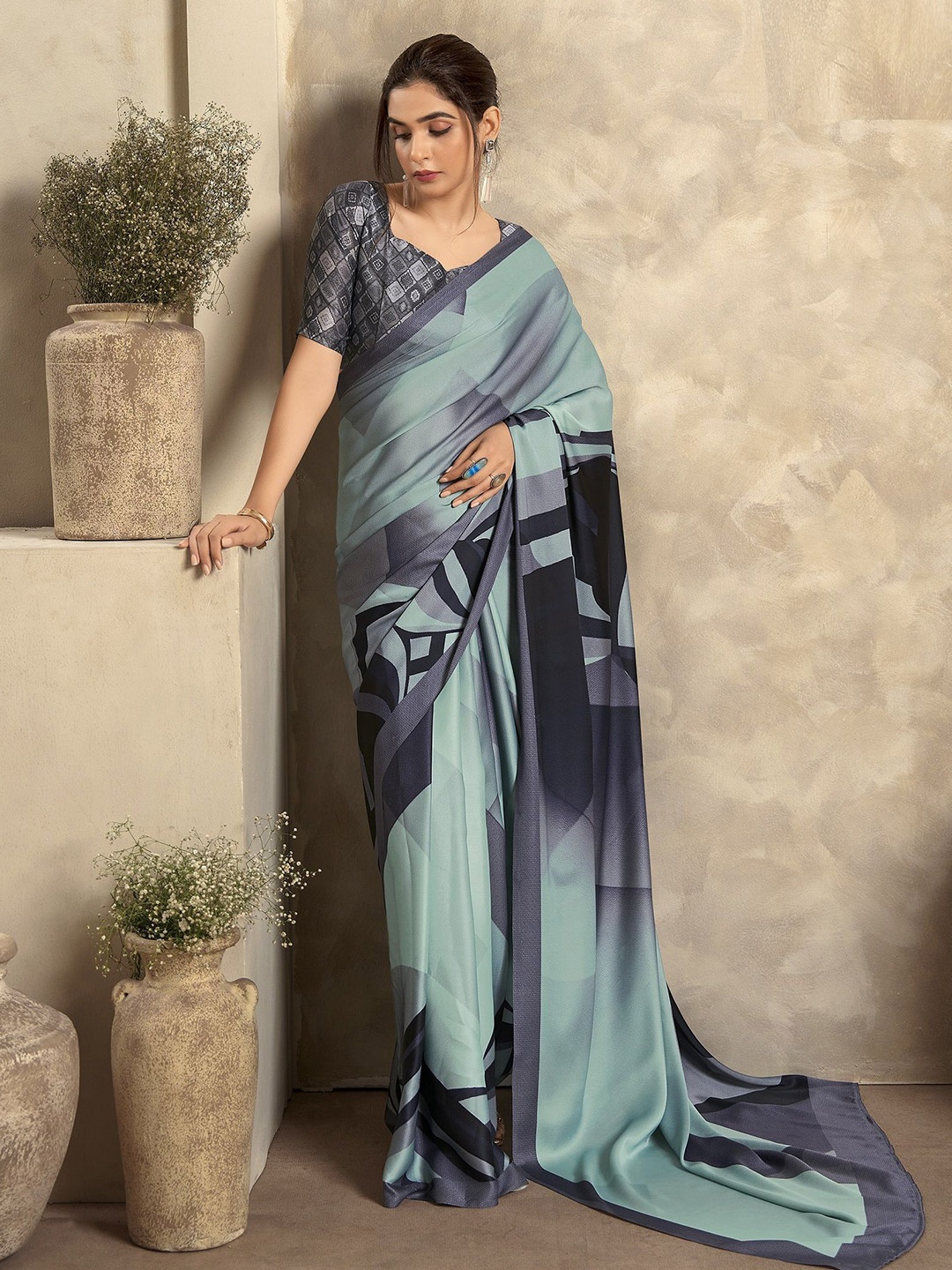 

MAHALASA Printed Pure Satin Saree, Sea green