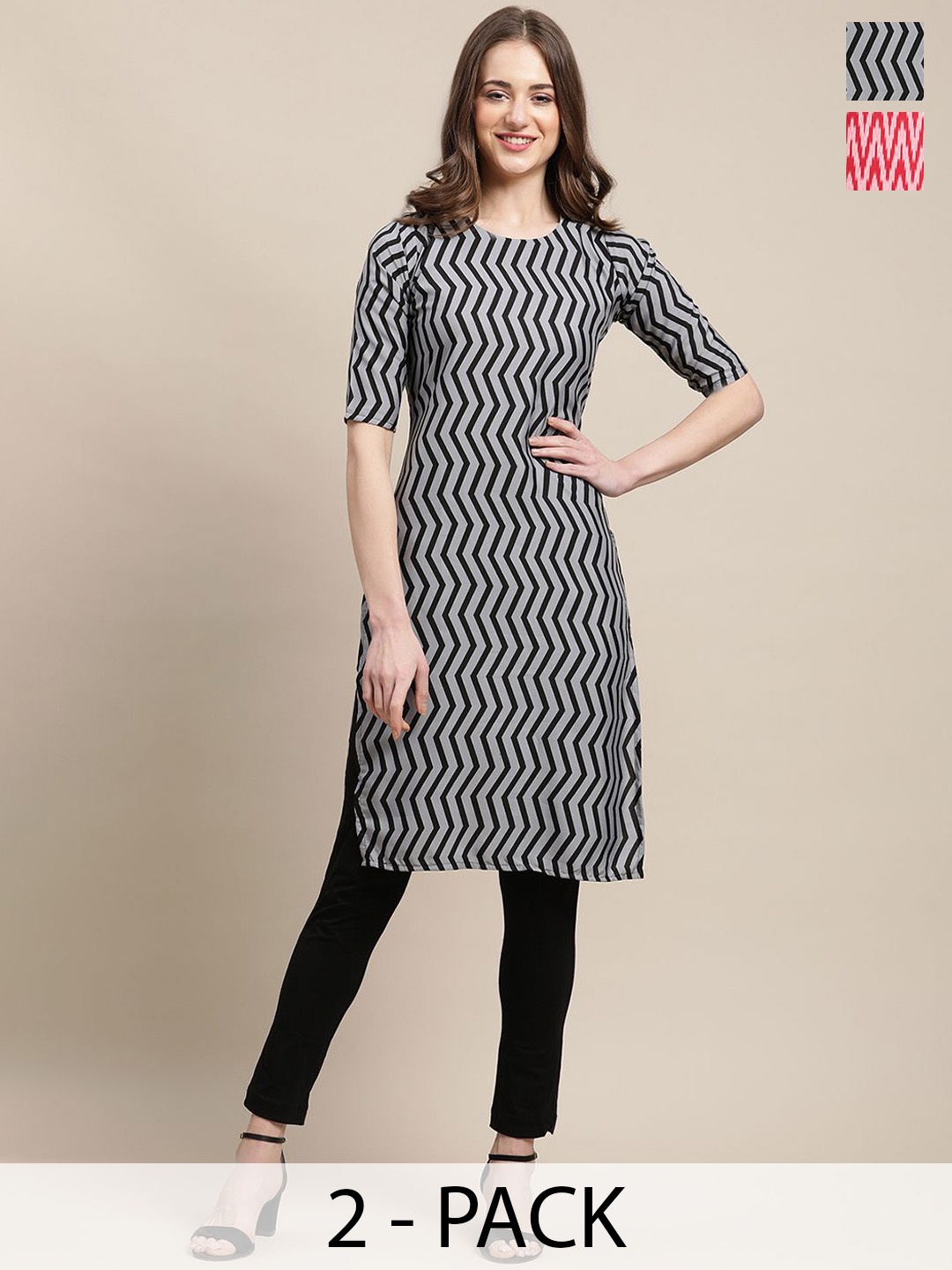 

7Threads Selection of 2 Chevron Printed Round Neck Kurtas, Grey