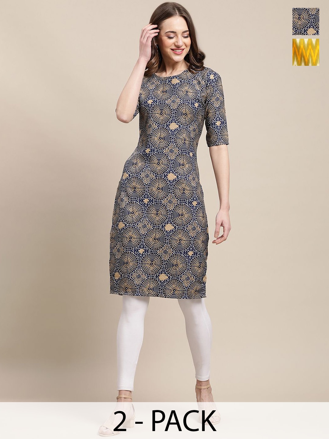 

7Threads Pack Of 2 Ethnic Motifs Printed Round Neck Straight Crepe Kurta, Blue