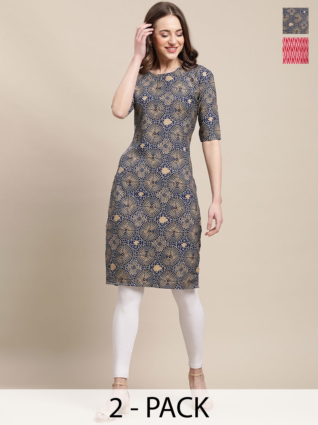 

7Threads Selections Of 2 Ethnic Motifs Printed Straight Kurtas, Blue
